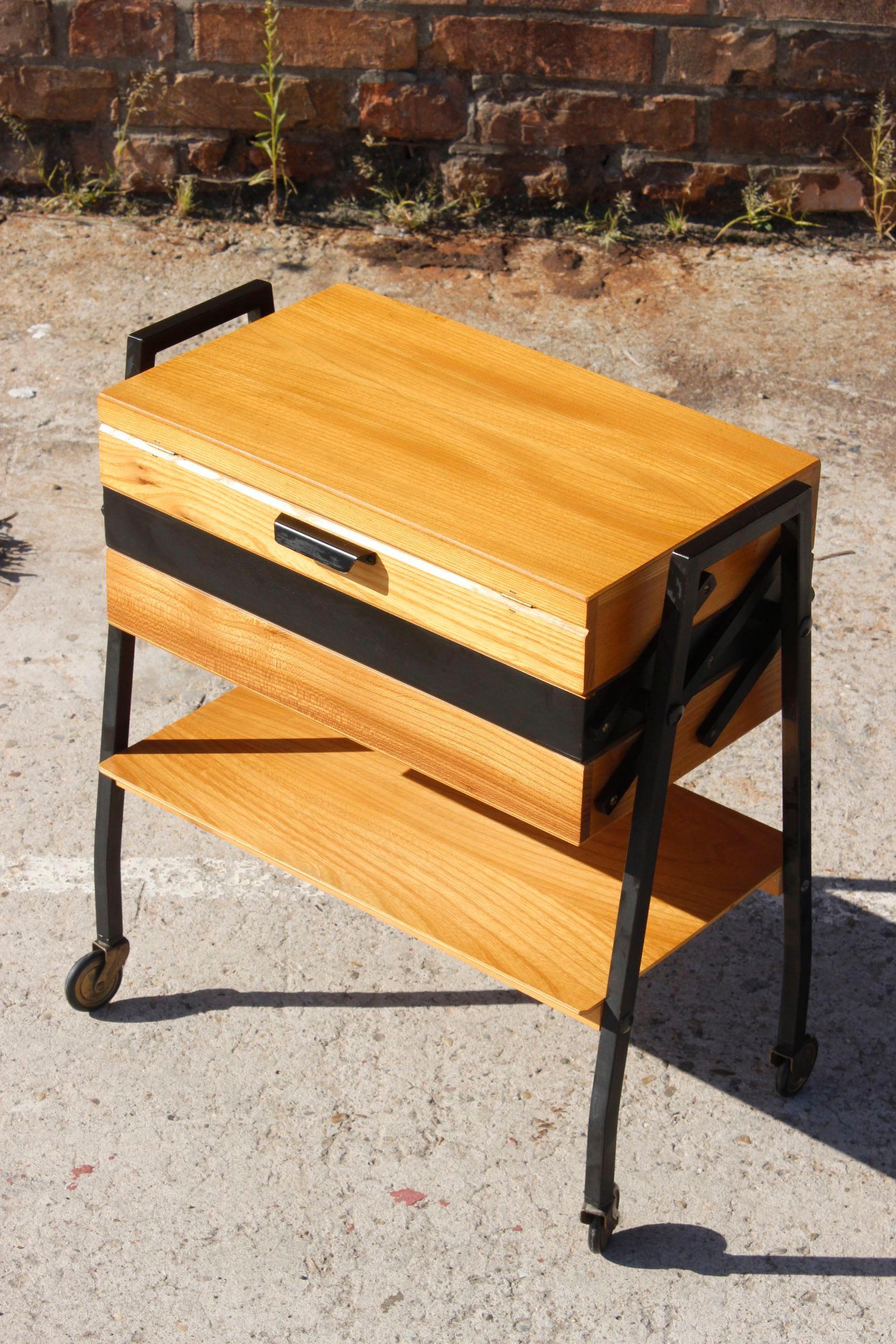 Unknown Mid-century modern wood & steel sewing side table  For Sale