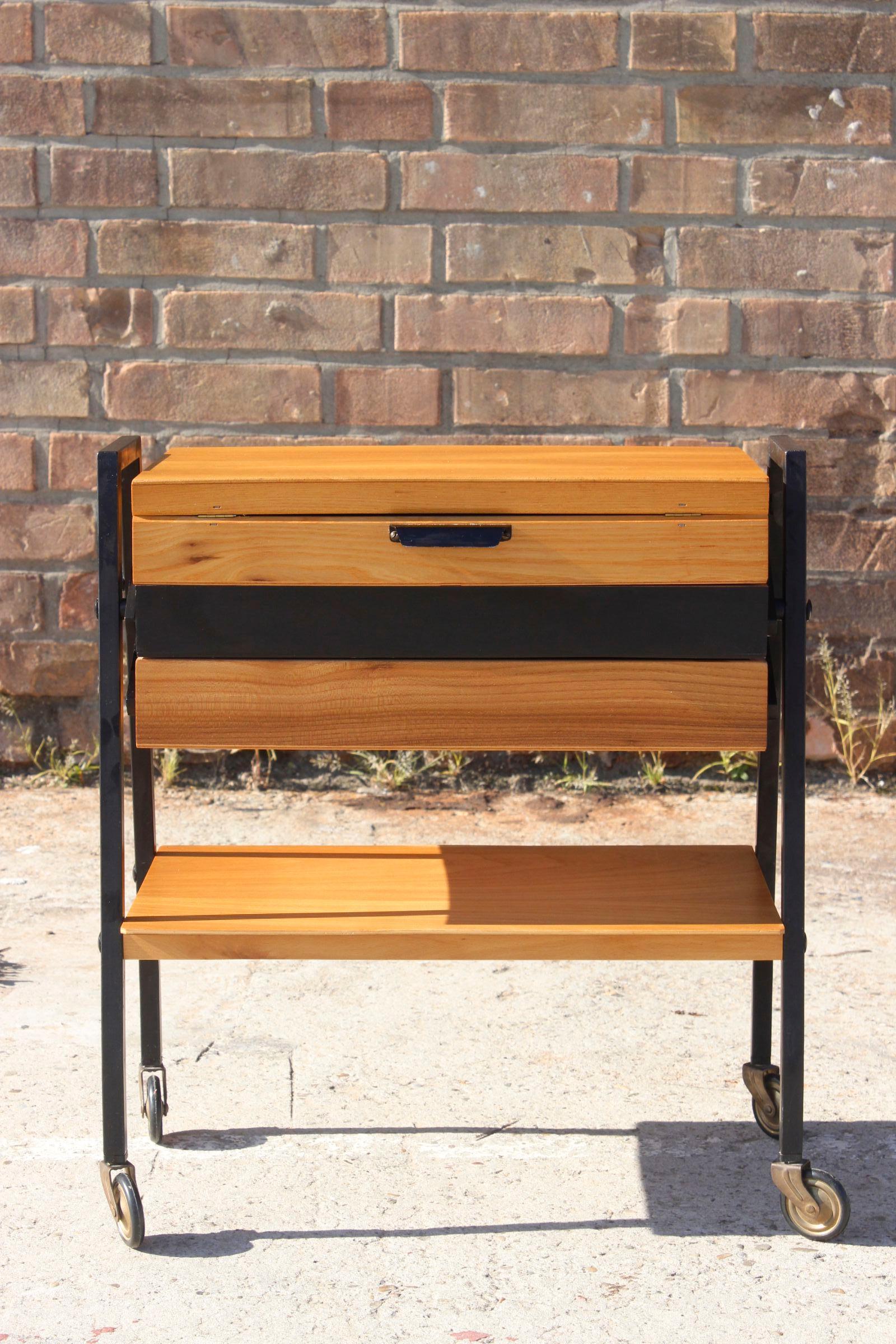 Painted Mid-century modern wood & steel sewing side table  For Sale