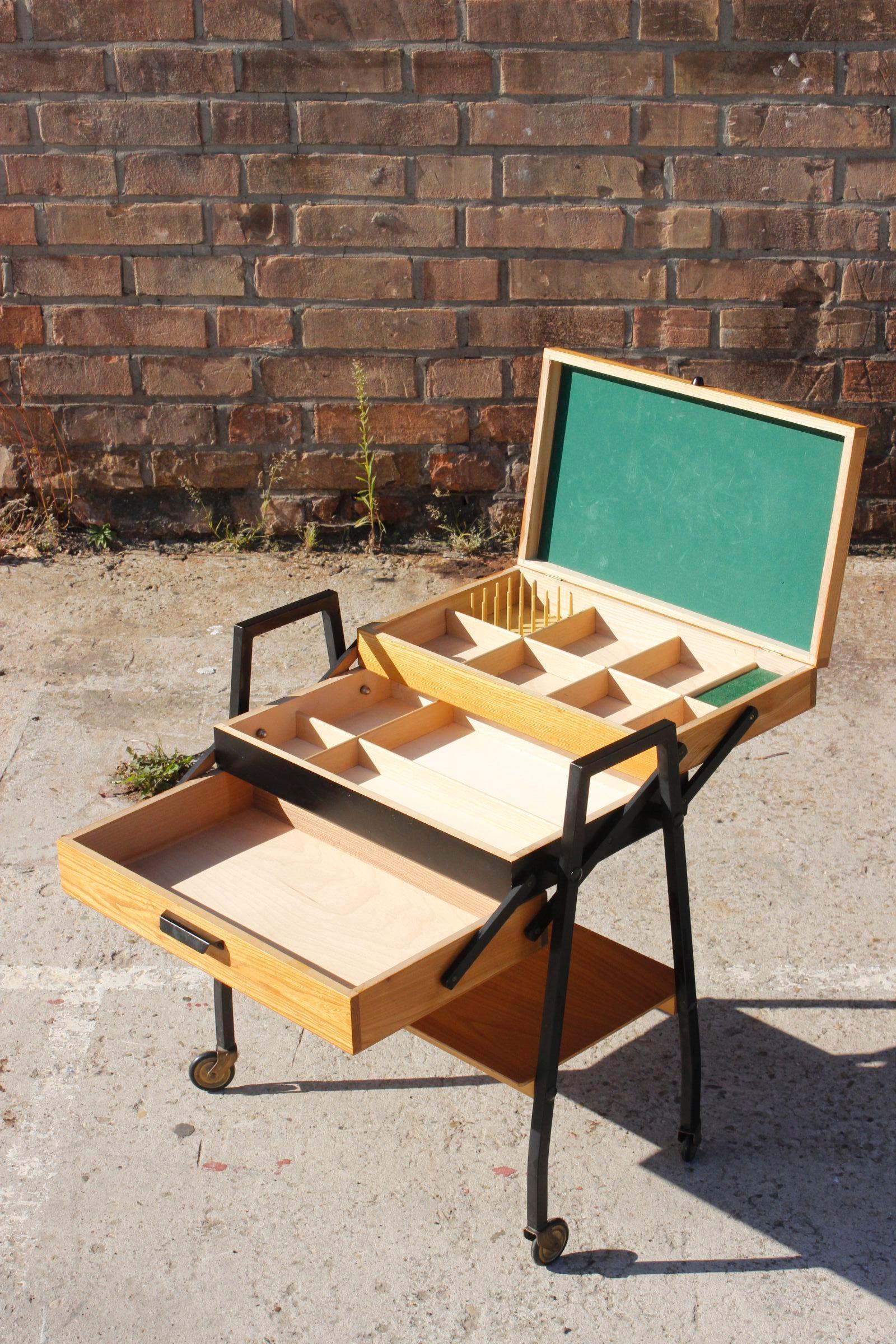 Steel Mid-century modern wood & steel sewing side table  For Sale