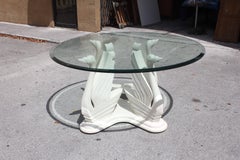Mid-Century Modern Wood Swan Ivory Finish Round Dining Table Glass Top