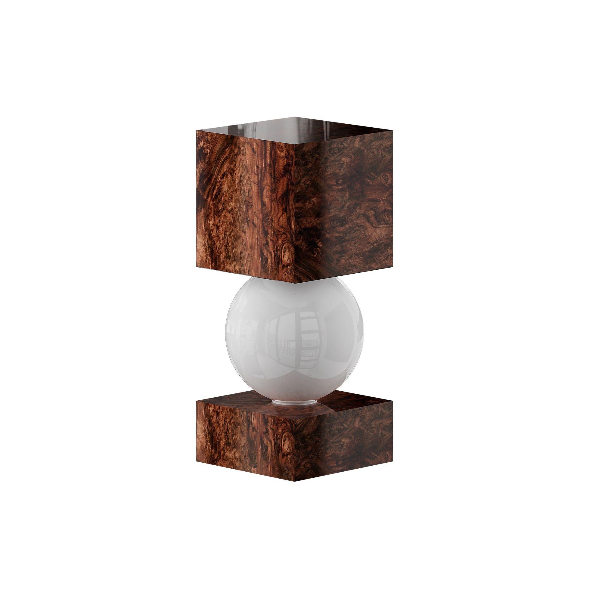 Portuguese Mid-Century Modern Wood Table Lamp, Column Shape Walnut Root Frosted Glass Light For Sale