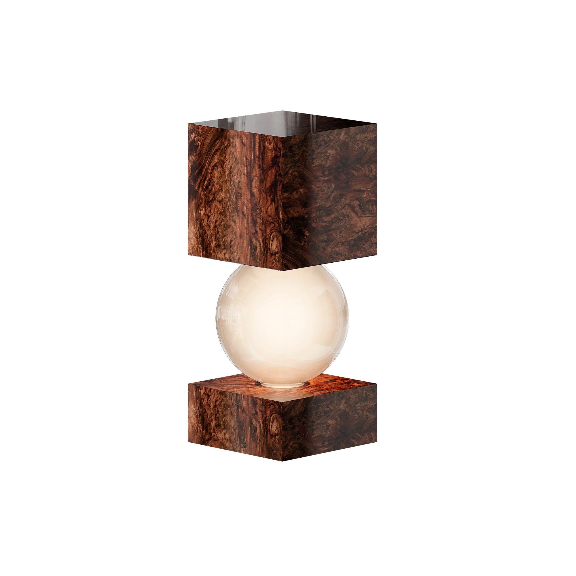 Hand-Crafted Mid-Century Modern Wood Table Lamp, Column Shape Walnut Root Frosted Glass Light For Sale