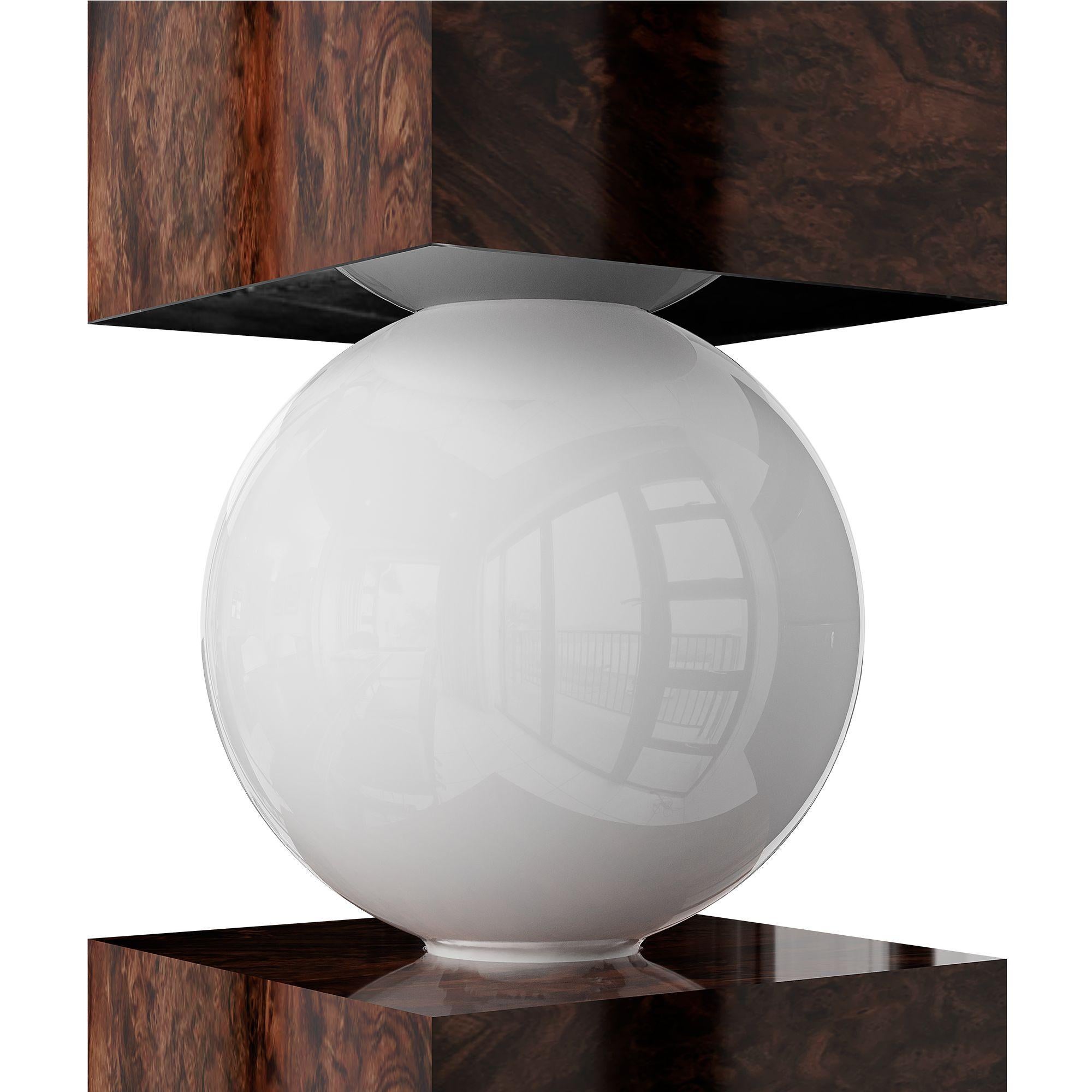 Contemporary Mid-Century Modern Wood Table Lamp, Column Shape Walnut Root Frosted Glass Light For Sale
