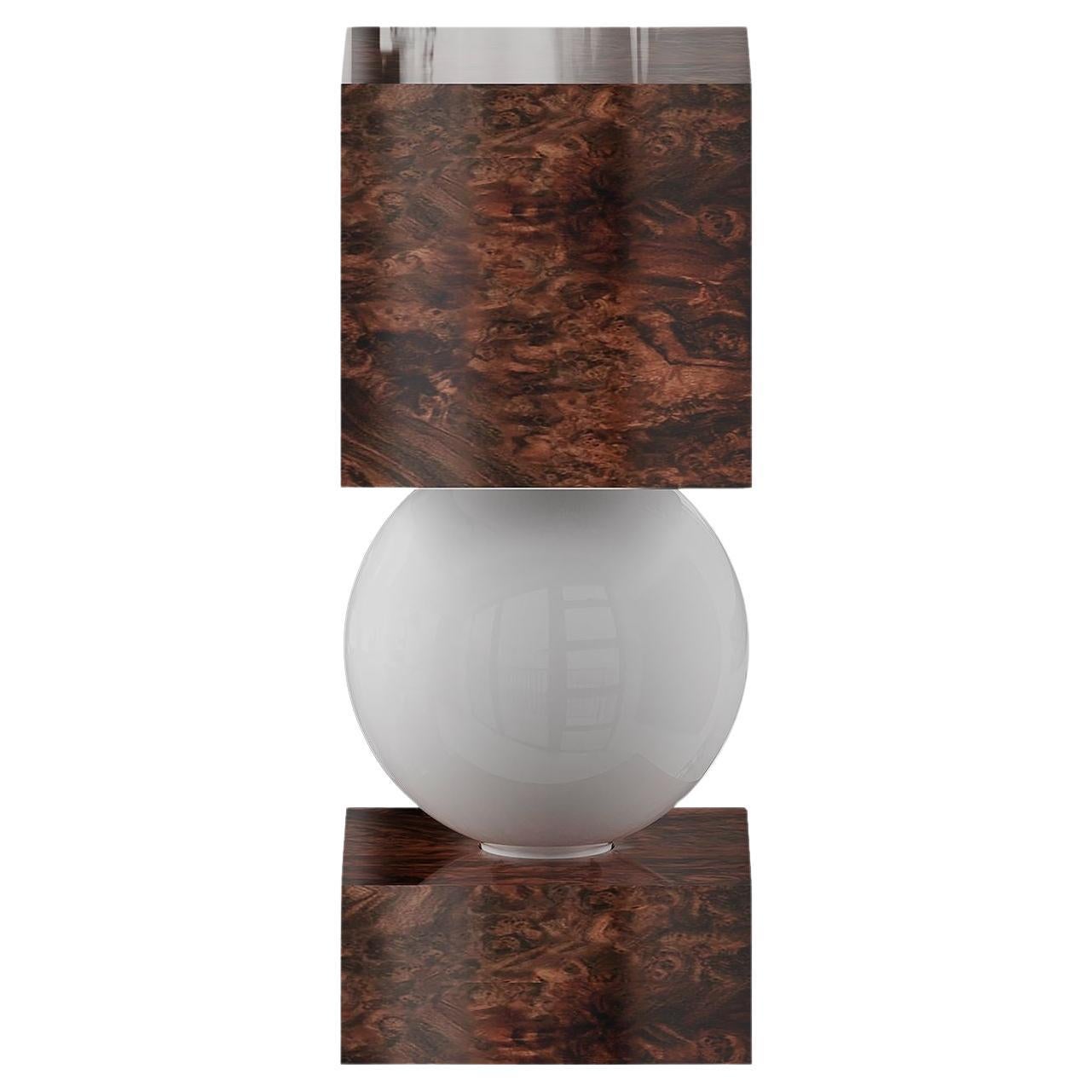 Mid-Century Modern Wood Table Lamp, Column Shape Walnut Root Frosted Glass Light