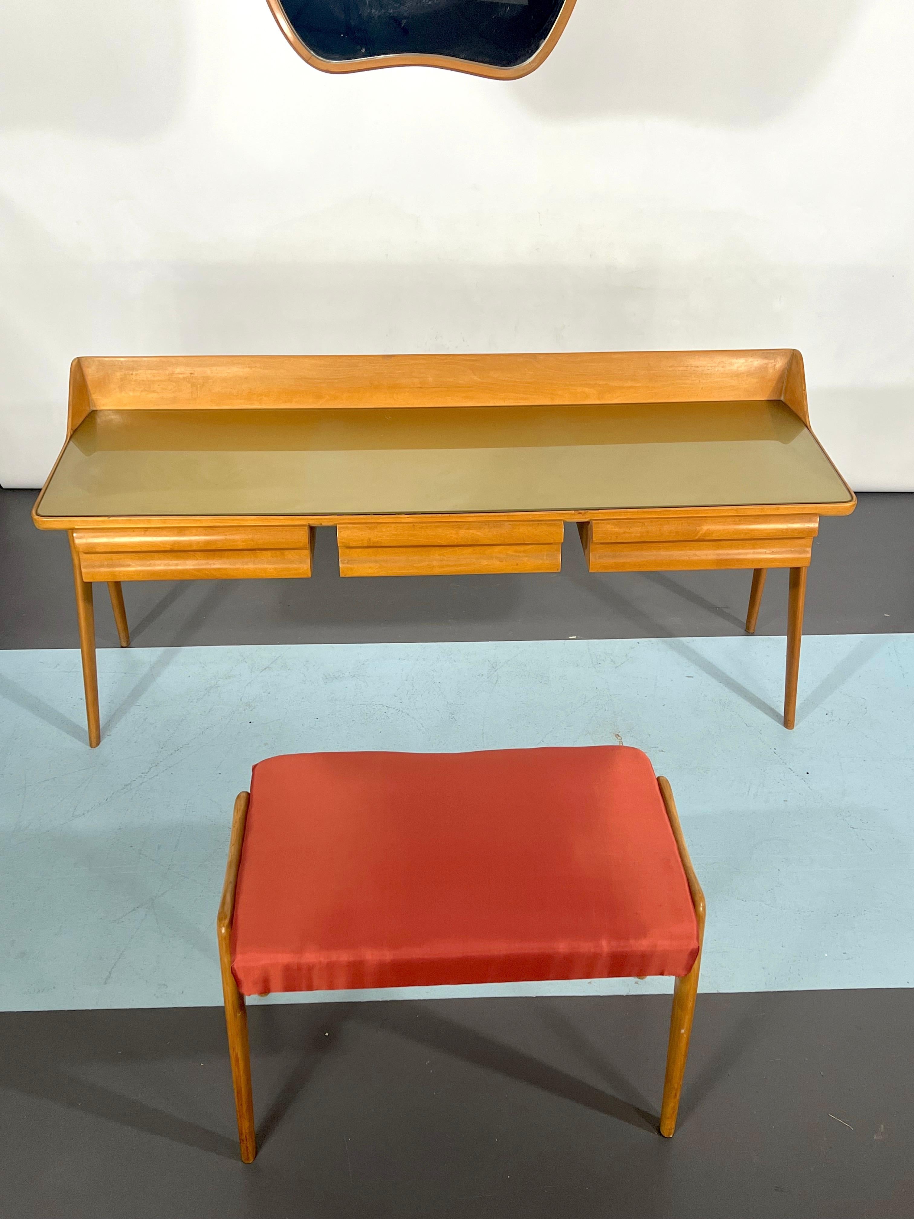 Italian Mid-Century Modern Wood Vanity Table Set, Italy, 1950 For Sale