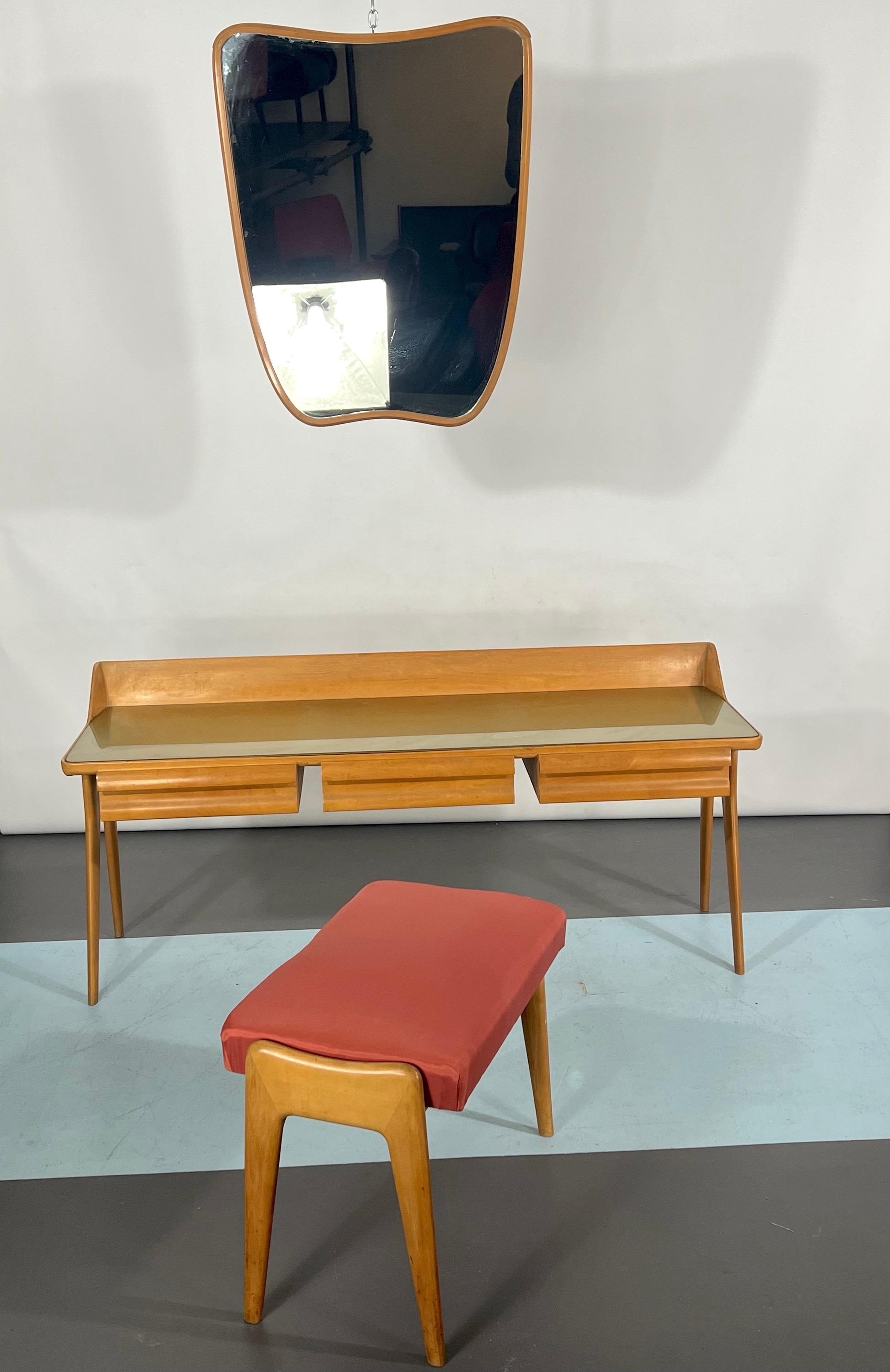 20th Century Mid-Century Modern Wood Vanity Table Set, Italy, 1950 For Sale