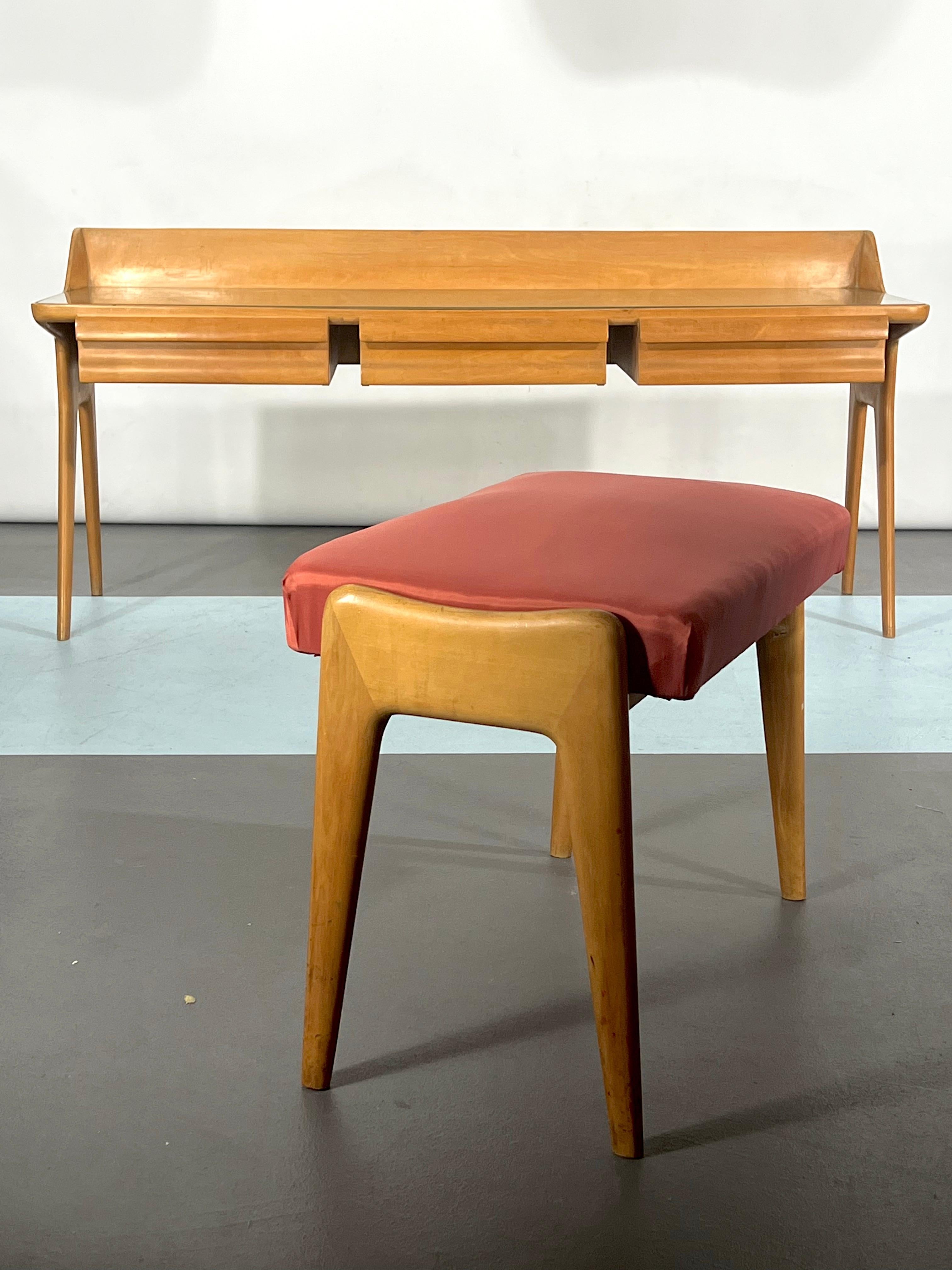 Mid-Century Modern Wood Vanity Table Set, Italy, 1950 For Sale 1
