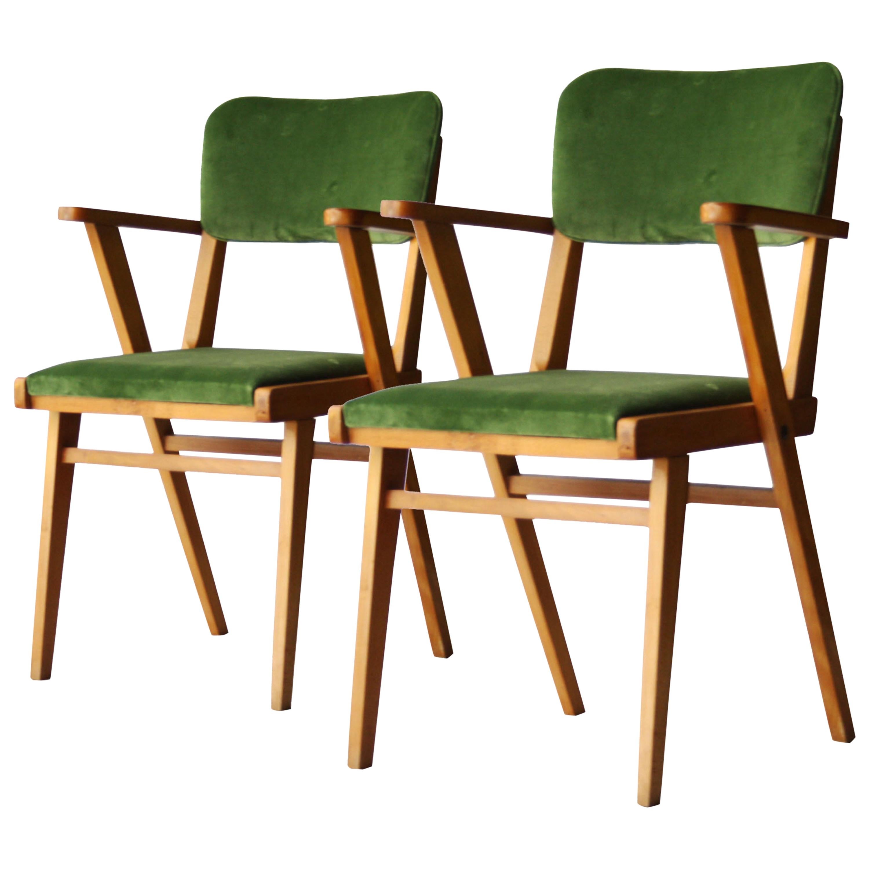 Mid-Century Modern Wood Velvet Green Pair of Italian Armchairs, 1960