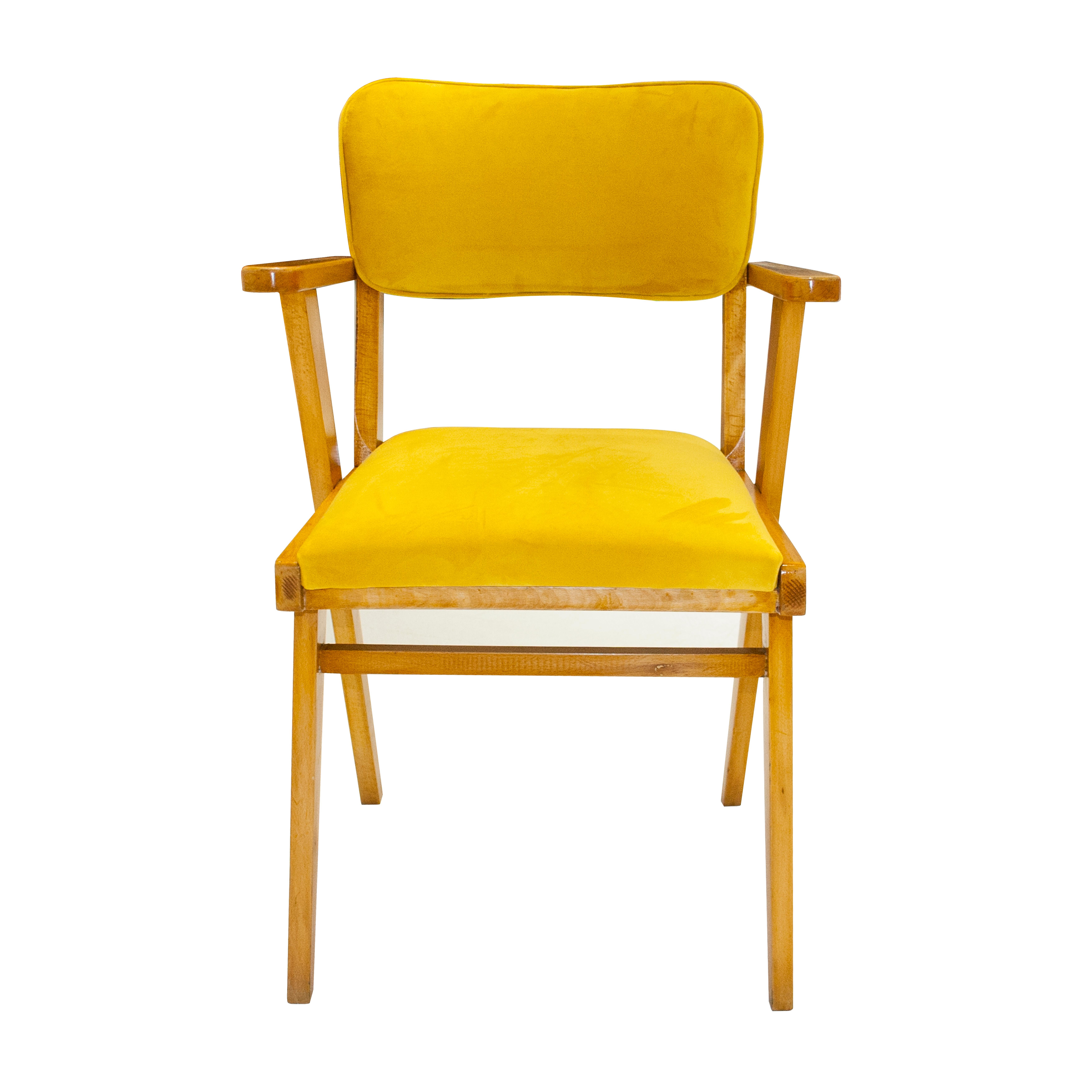 Pair of Italian armchairs with solid wood structure, seat and backrest reupholstered in yellow cotton velvet. Italy, 1960.