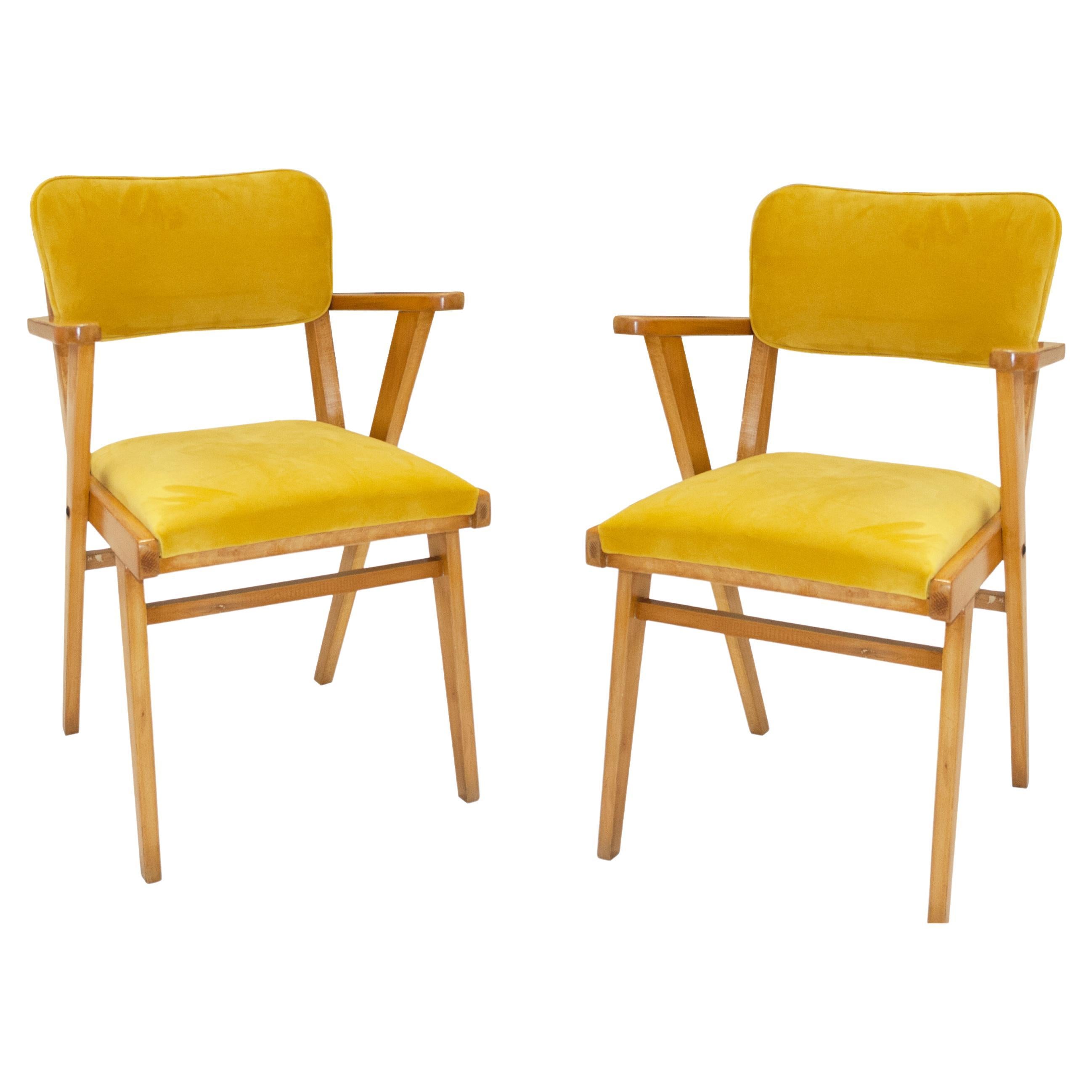 Mid-Century Modern Wood Velvet Yellow Pair of Italian Armchairs, 1960 For Sale