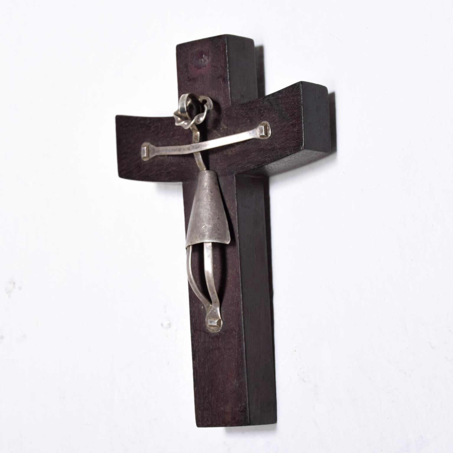 Mexican Mid-Century Modern Wood with Sterling Silver Cross, Mexico, 1940s