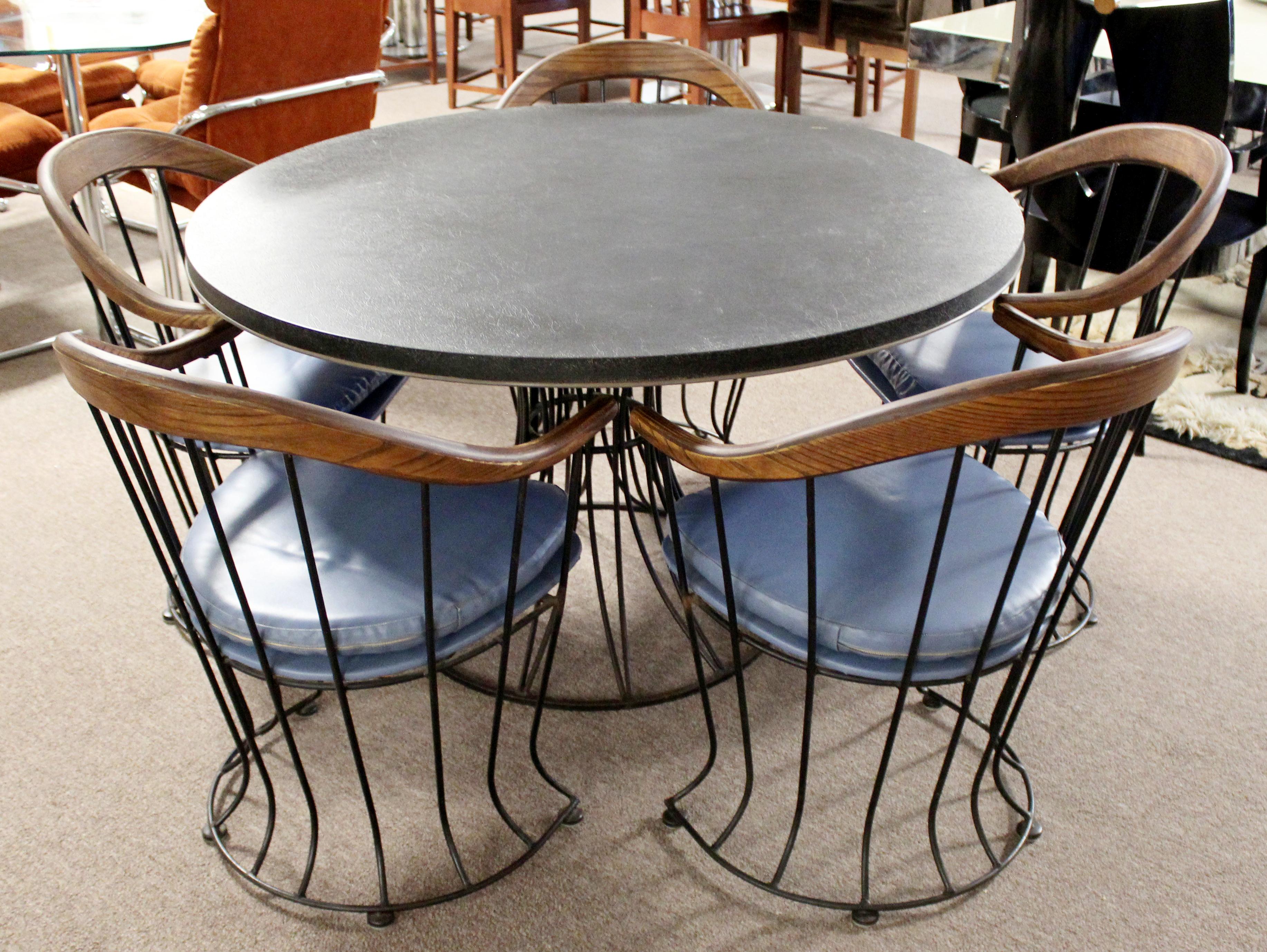 American Mid-Century Modern Woodard Patio Dining Set Slate Table & 5 Curved Chairs, 1960s