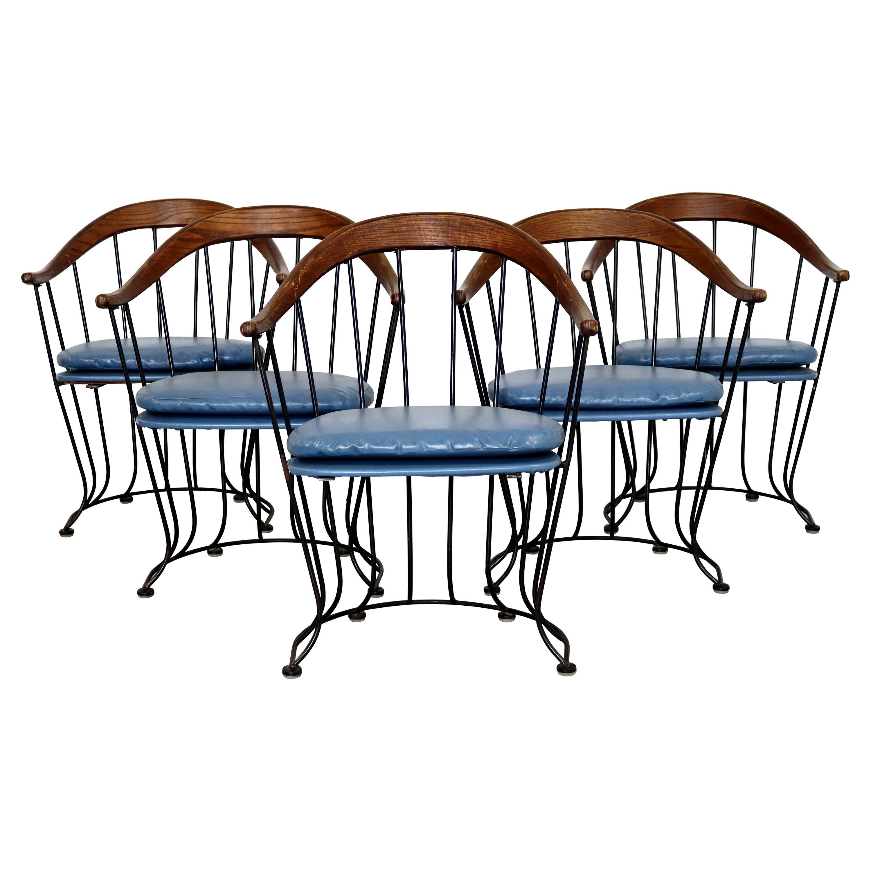 Mid-Century Modern Woodard Patio Iron Vinyl Set of 5 Curved Dining Chairs, 1960s