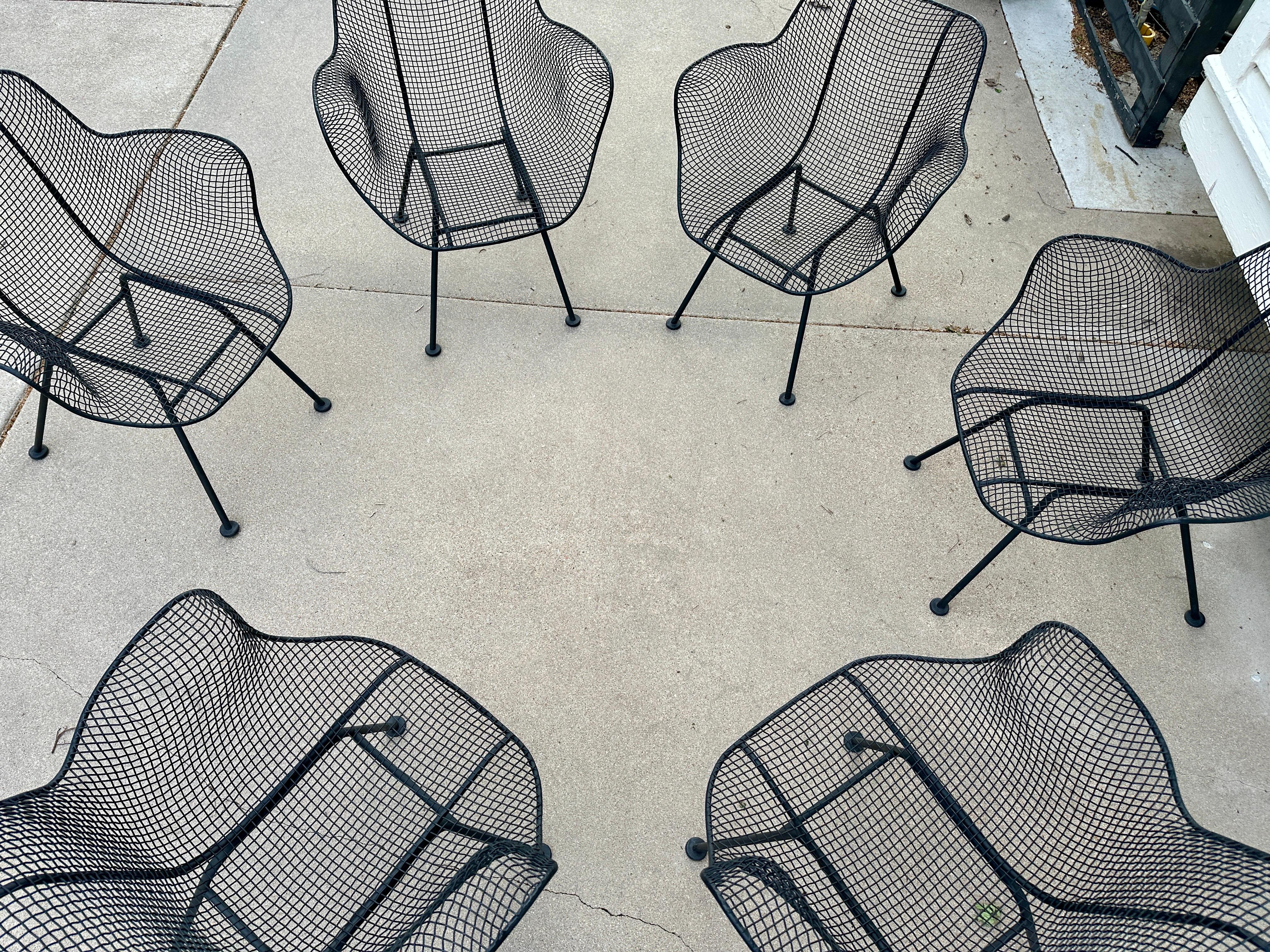 These beautiful Mid-Century Woodard Sculptura Chairs are hard to find in this quantity and in such great condition - the chairs have been recently powder coated and are in wonderful shape. This collection is handcrafted of iron wire mesh that evokes
