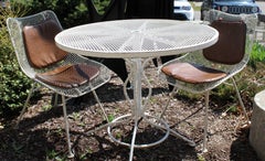 Mid-Century Modern Woodard Sculptura Patio Table Set Two Chairs White Iron