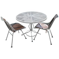 Mid-Century Modern Woodard Sculptura Patio Table Set Two Chairs White Iron