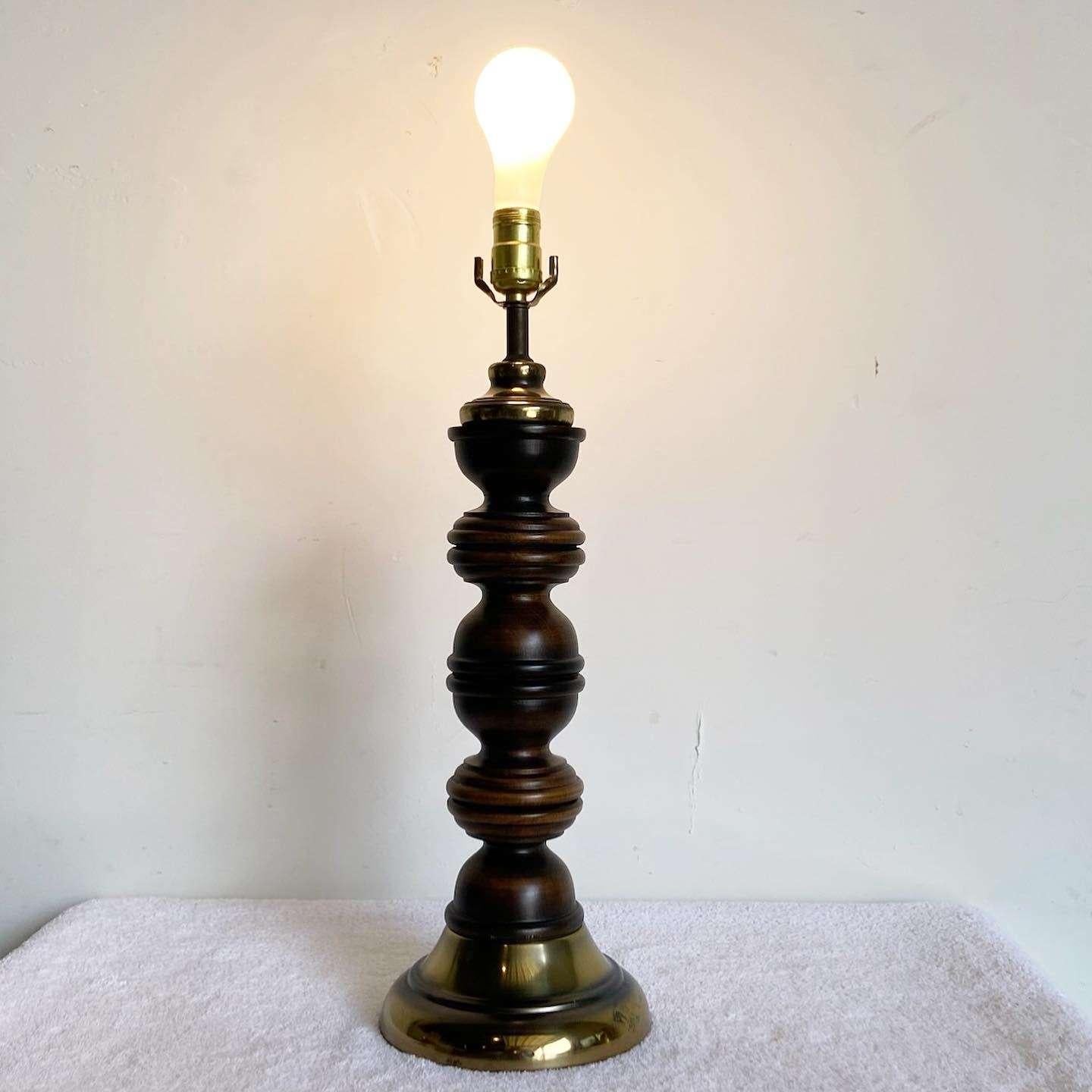 American Mid Century Modern Wooden and Brass Table Lamp For Sale
