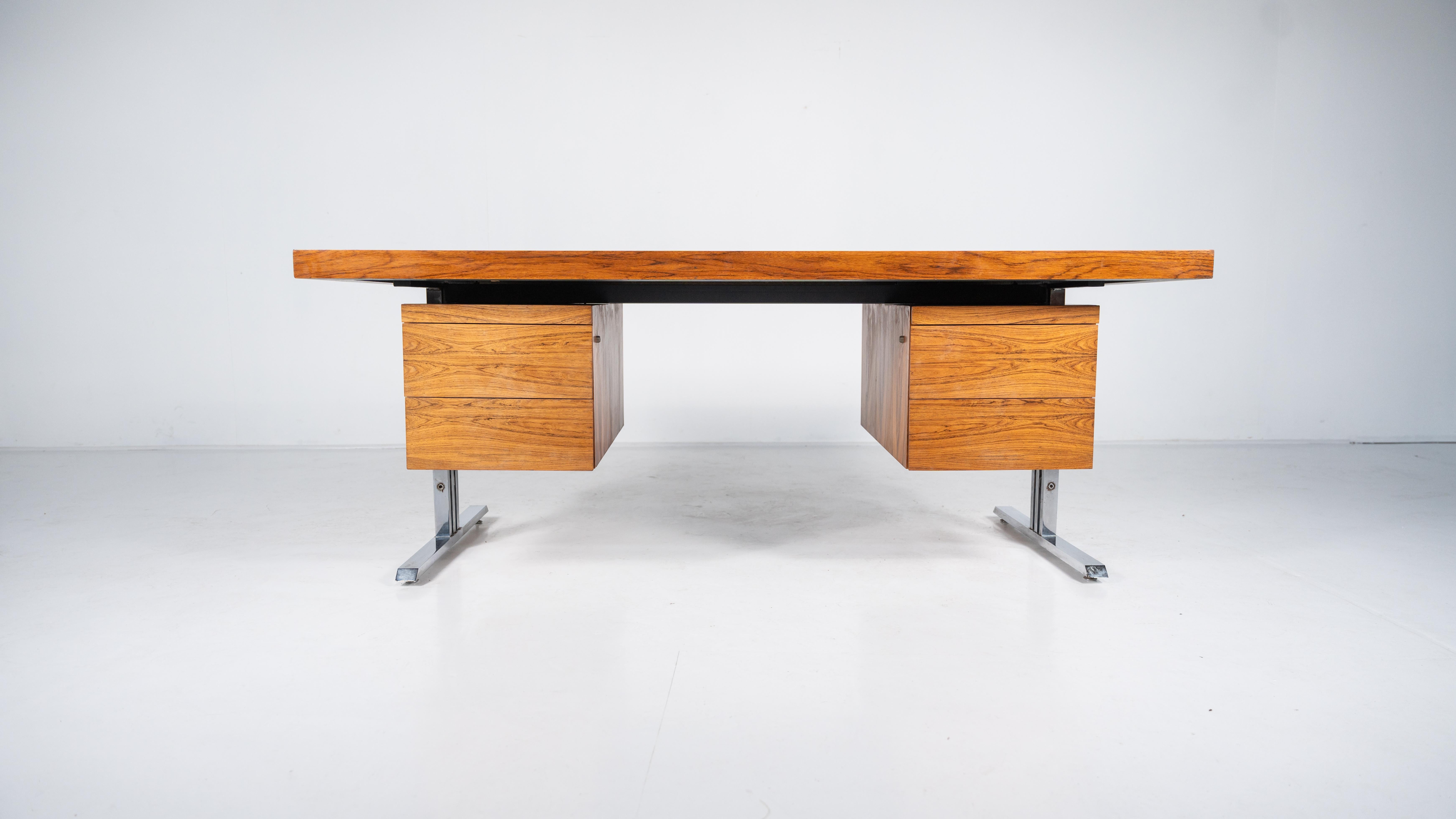 Late 20th Century Mid-Century Modern Wooden and Chrome Desk, Italy, 1970s For Sale