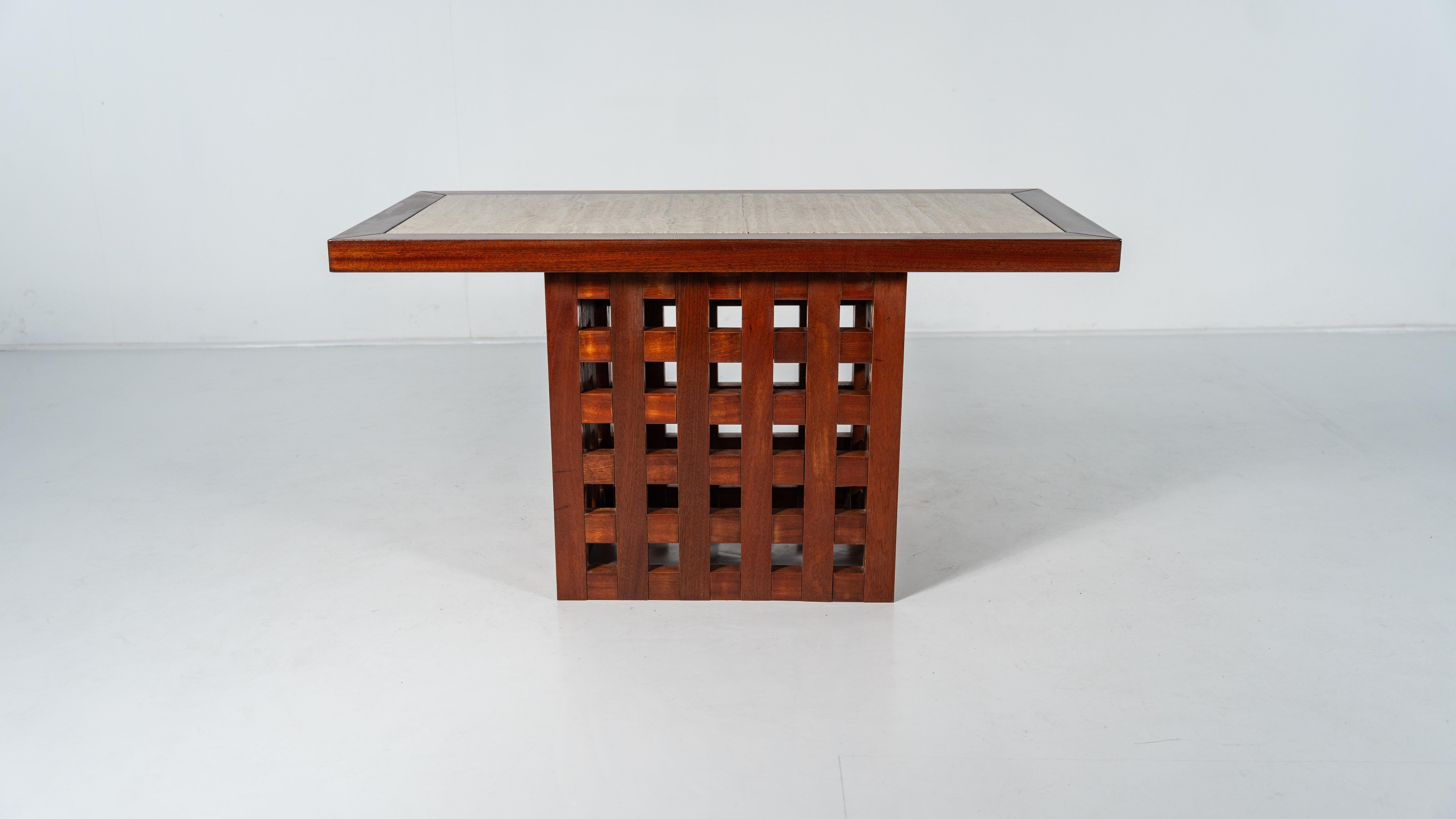 Moderner Tisch/Konsole aus Holz und Travertin aus der Mitte des Jahrhunderts, Italien, 1970er Jahre im Angebot 3