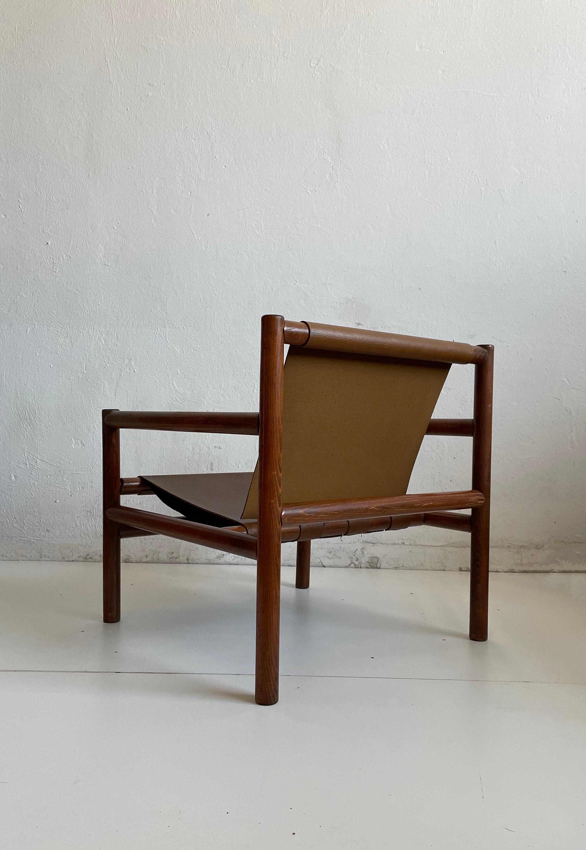 Mid-Century Modern Wooden Armchair, Faux Leather Seating, Stol Kamnik 1970s For Sale 2