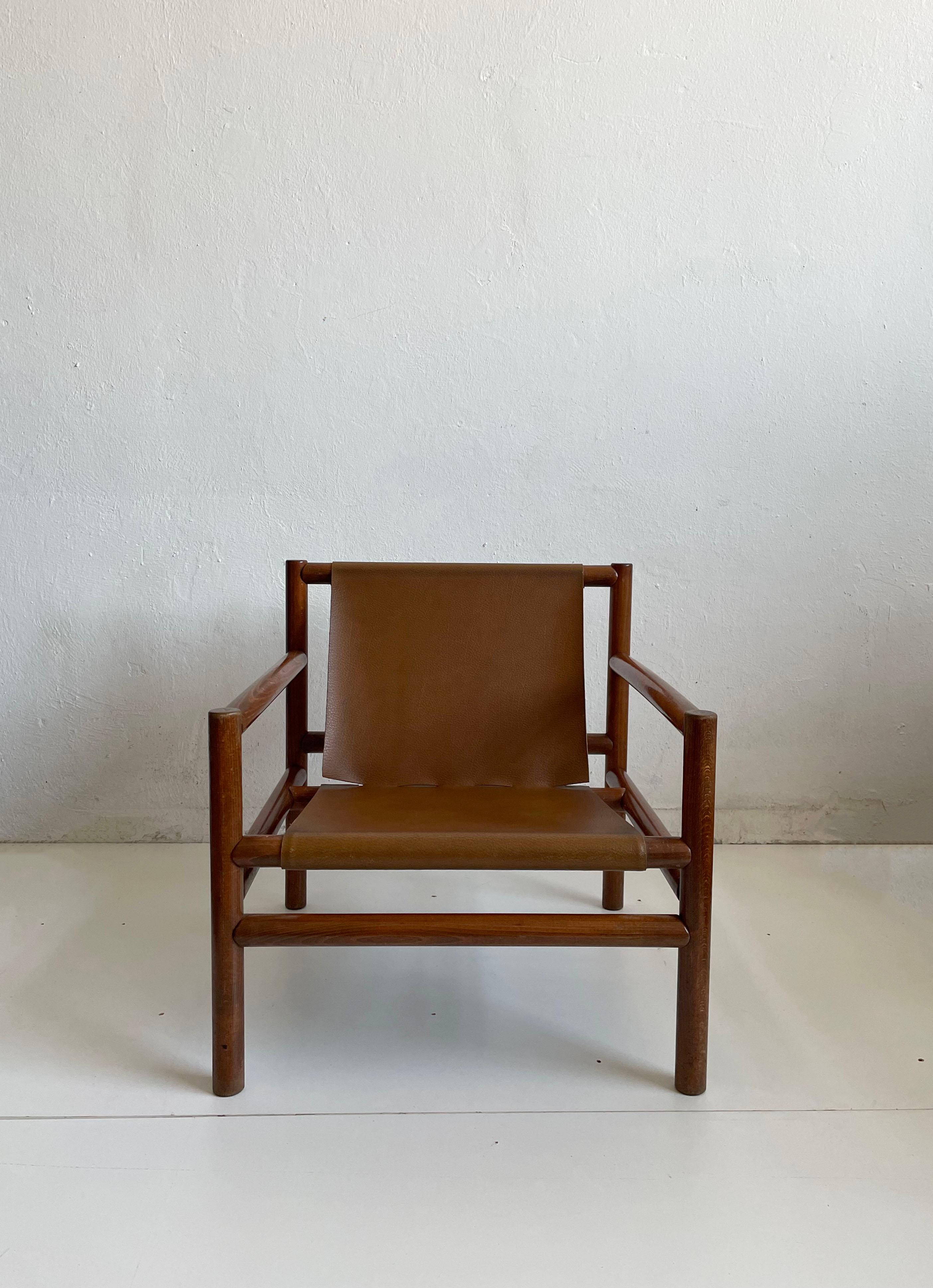 Slovenian Mid-Century Modern Wooden Armchair, Faux Leather Seating, Stol Kamnik 1970s For Sale
