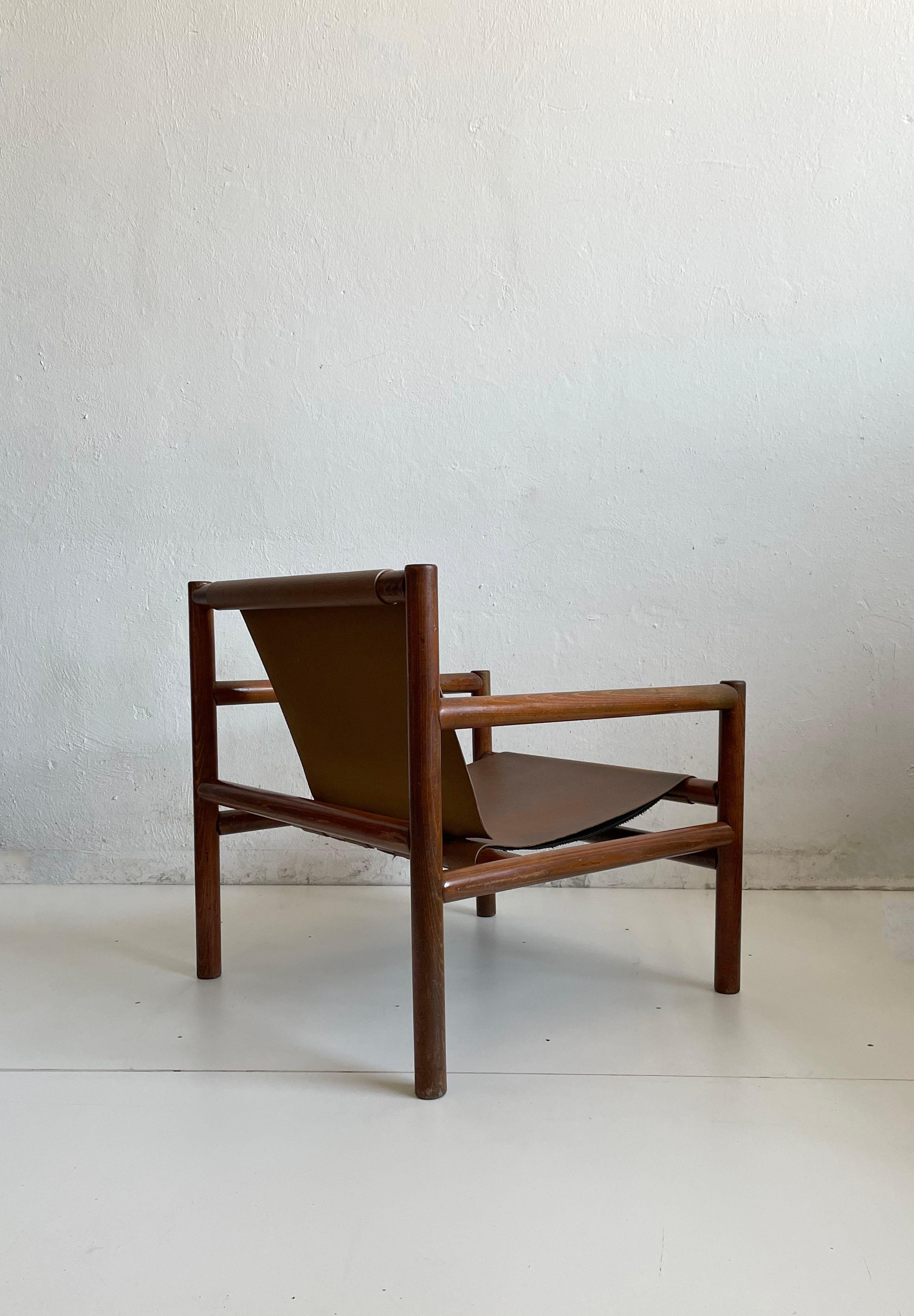 20th Century Mid-Century Modern Wooden Armchair, Faux Leather Seating, Stol Kamnik 1970s For Sale