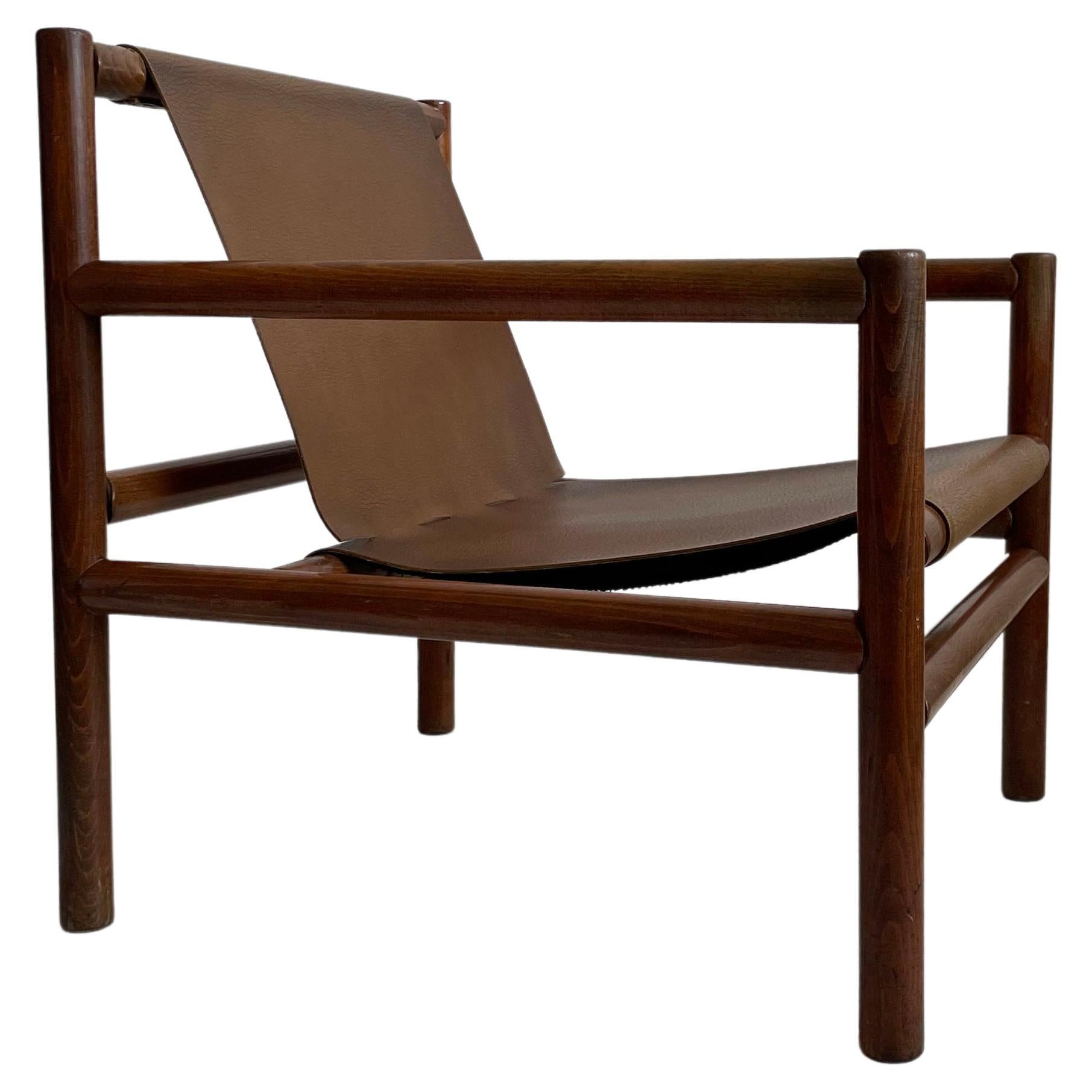 Mid-Century Modern Wooden Armchair, Faux Leather Seating, Stol Kamnik 1970s
