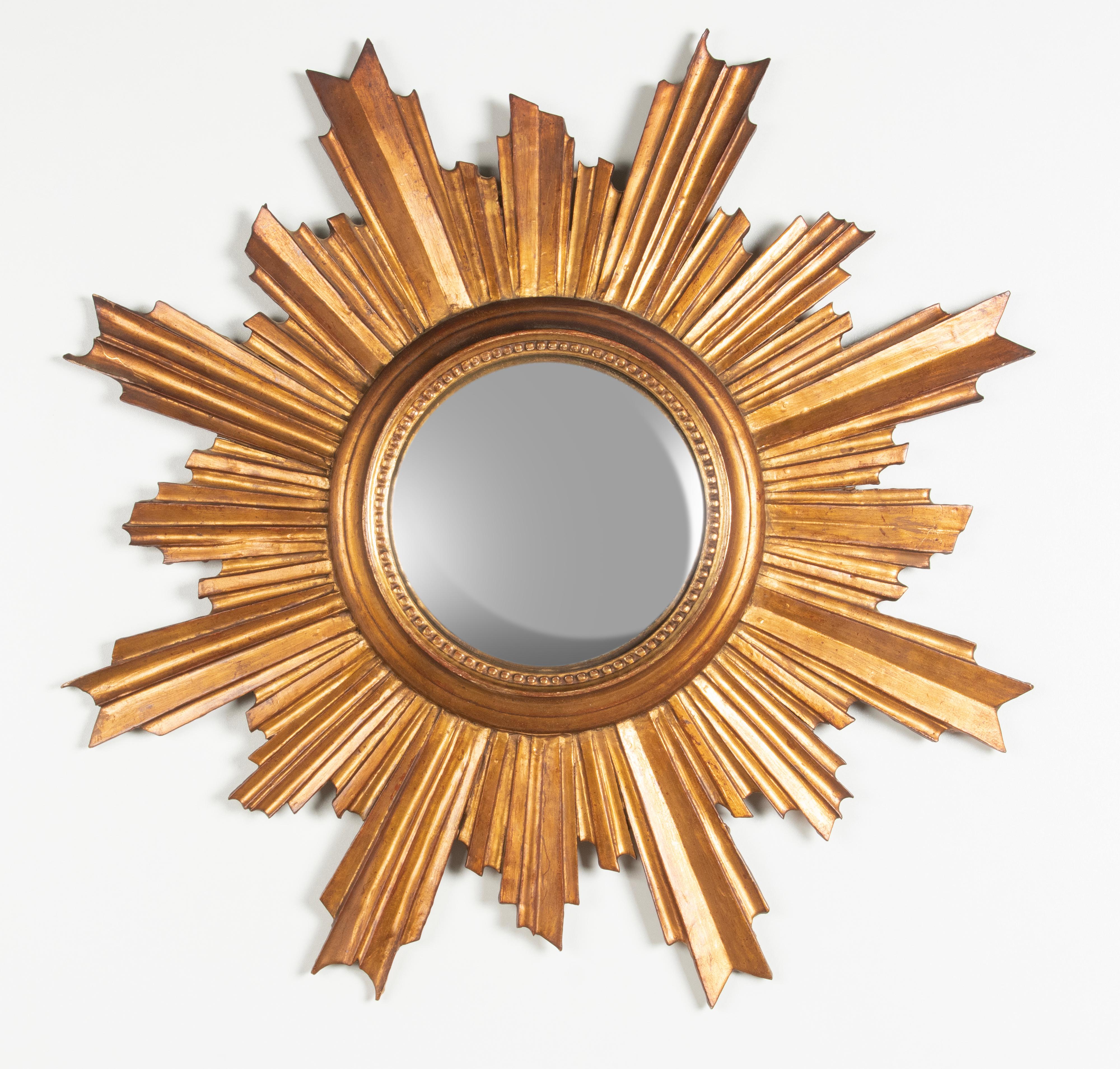 Italian Mid-Century Modern Wooden Carved Convex Sunburst Mirror