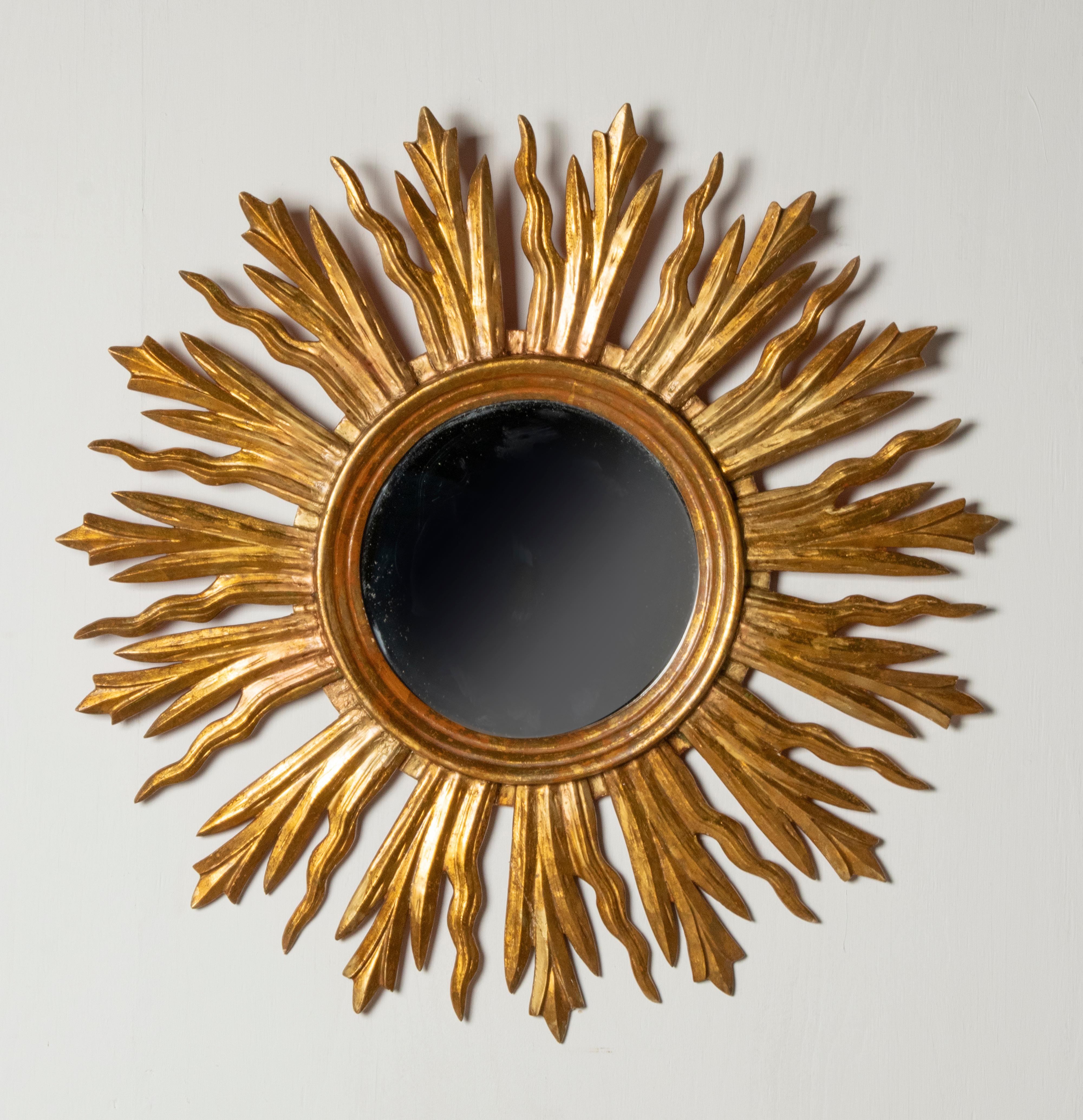 French Mid-Century Modern Wooden Carved Sunburst Wall Mirror