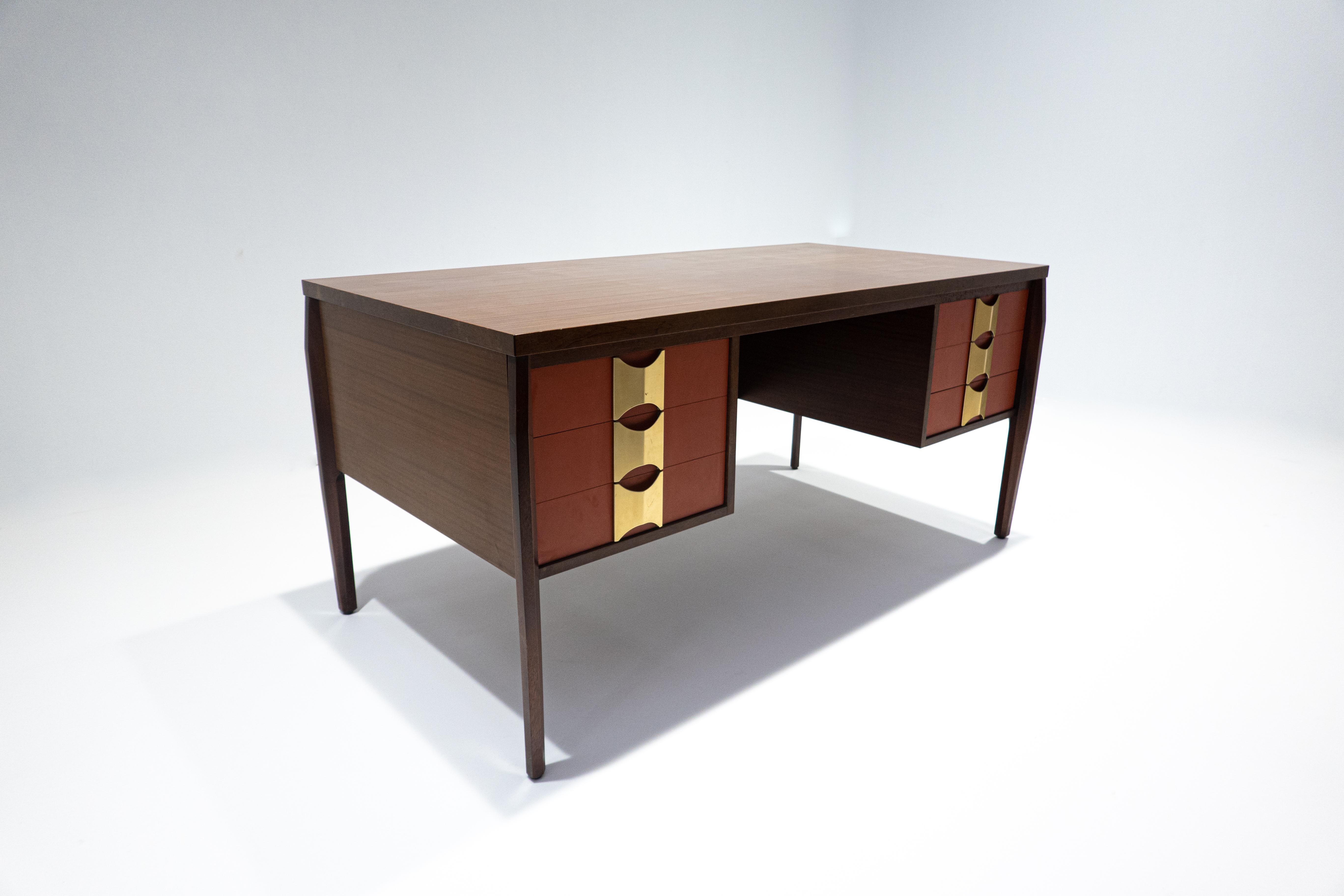 Mid-Century Modern wooden desk with 6 drawers, Italy, 1960s.