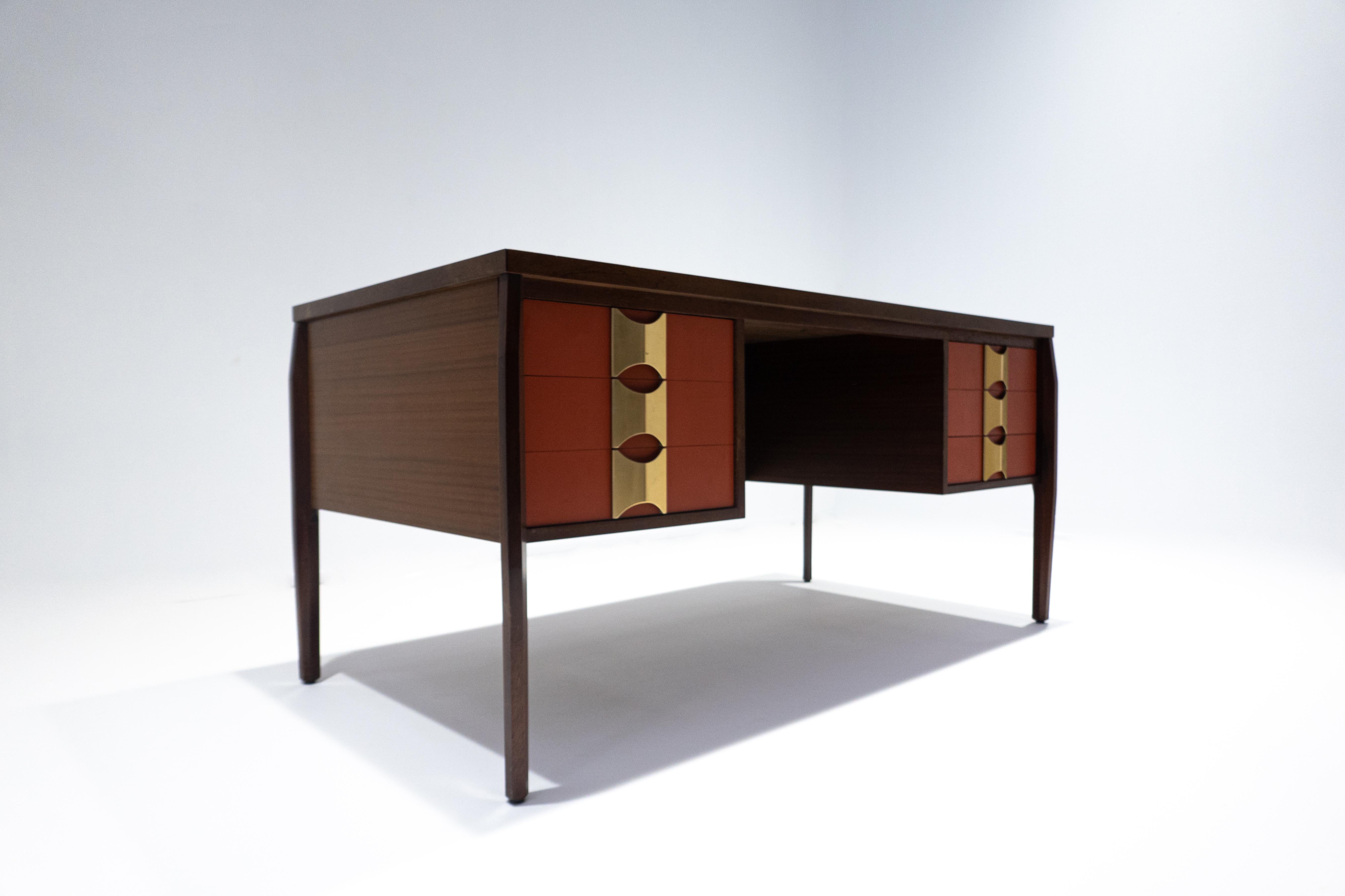 Italian Mid-Century Modern Wooden Desk with 6 Drawers, Italy, 1960s  For Sale