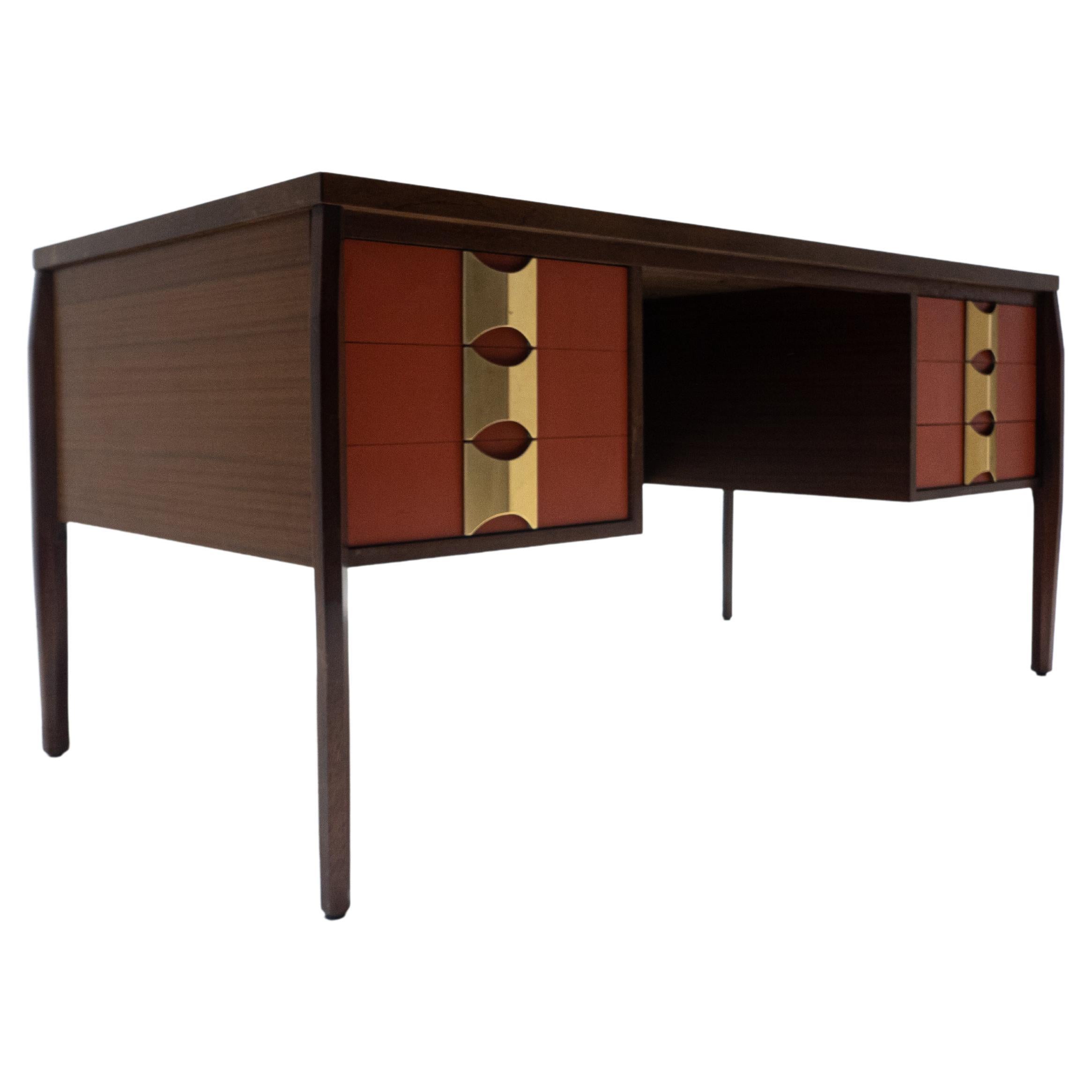 Mid-Century Modern Wooden Desk with 6 Drawers, Italy, 1960s  For Sale