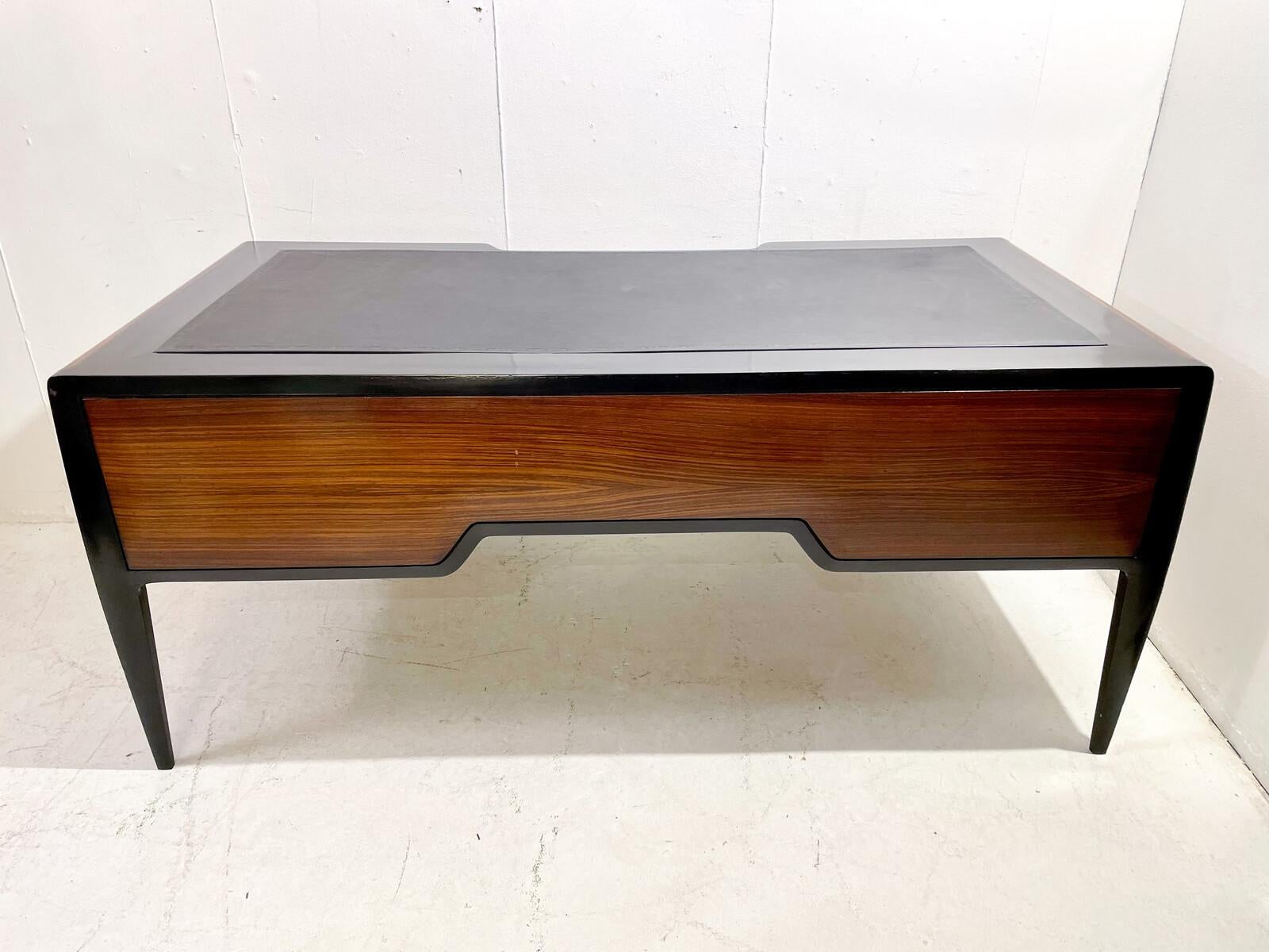 Italian Mid-Century Modern Wooden Desk, Wood Leather and Brass For Sale