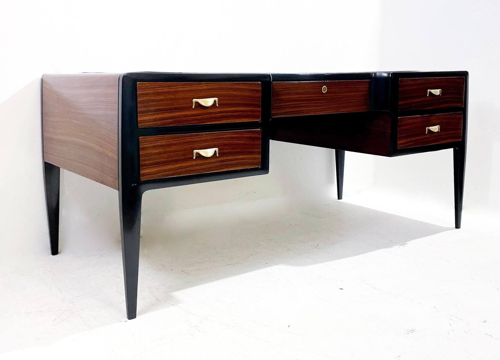 Mid-Century Modern Wooden Desk, Wood Leather and Brass For Sale 1