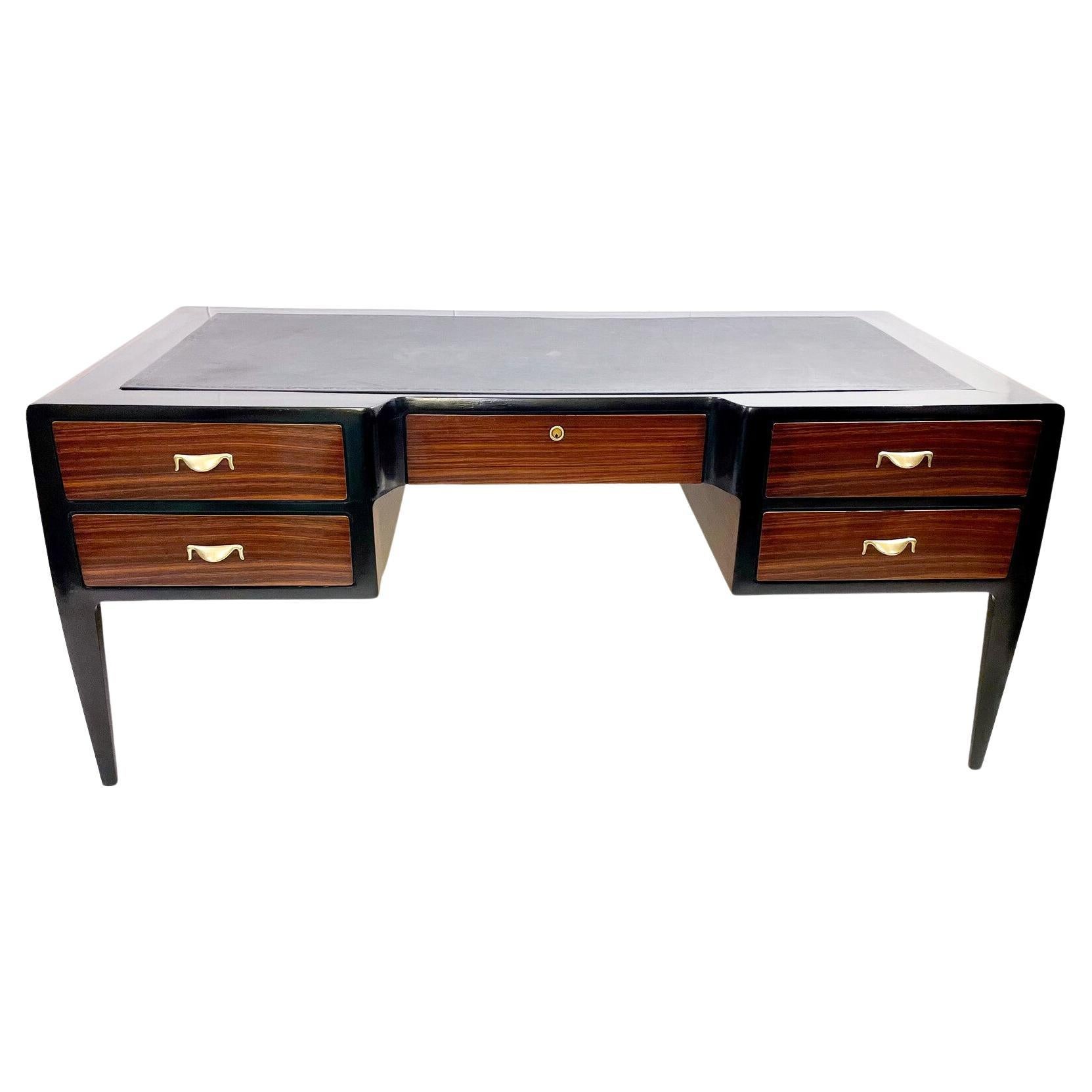 Mid-Century Modern Wooden Desk, Wood Leather and Brass For Sale