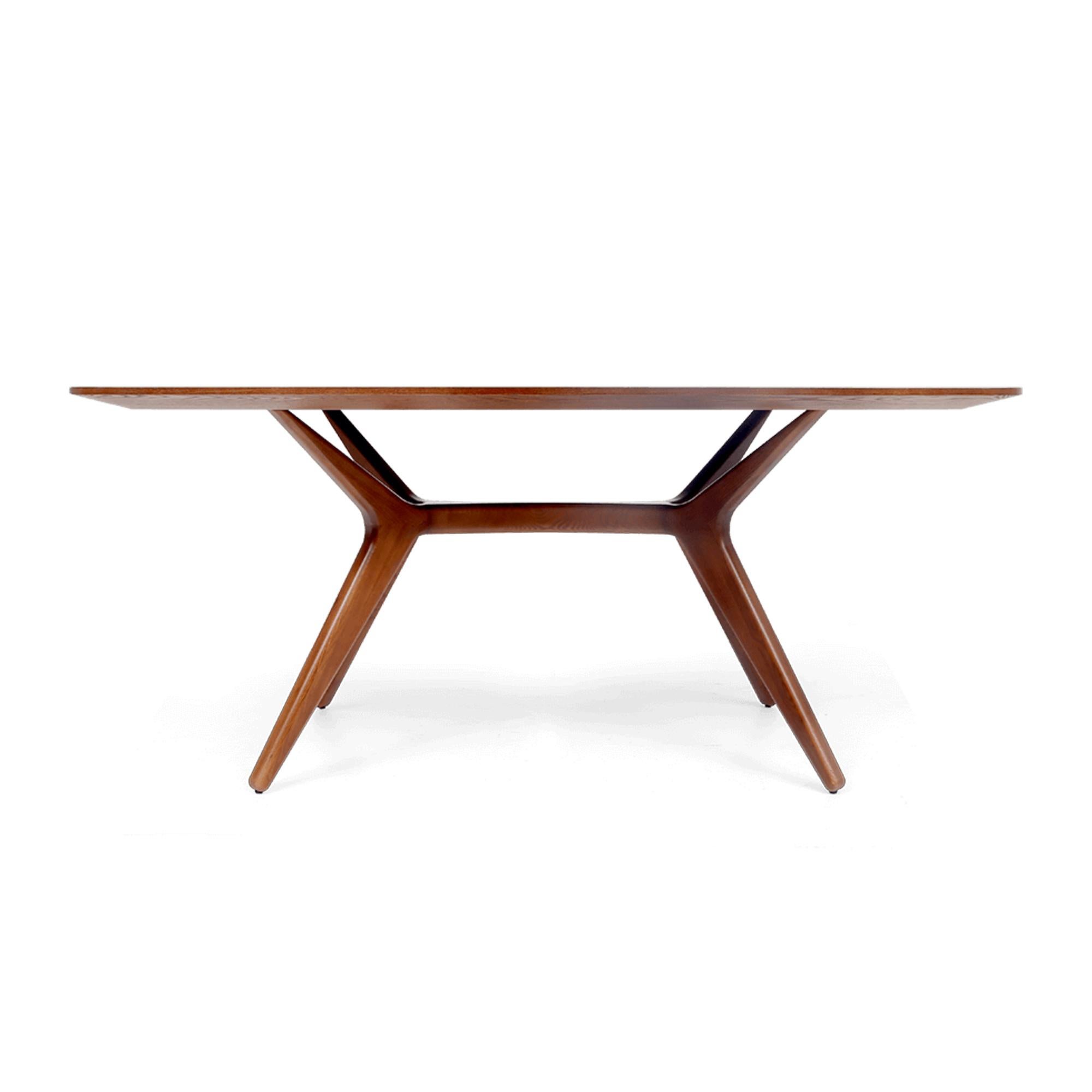 Contemporary Mid-Century Modern Style Wooden brown Dining Table with flared legs in Walnut For Sale