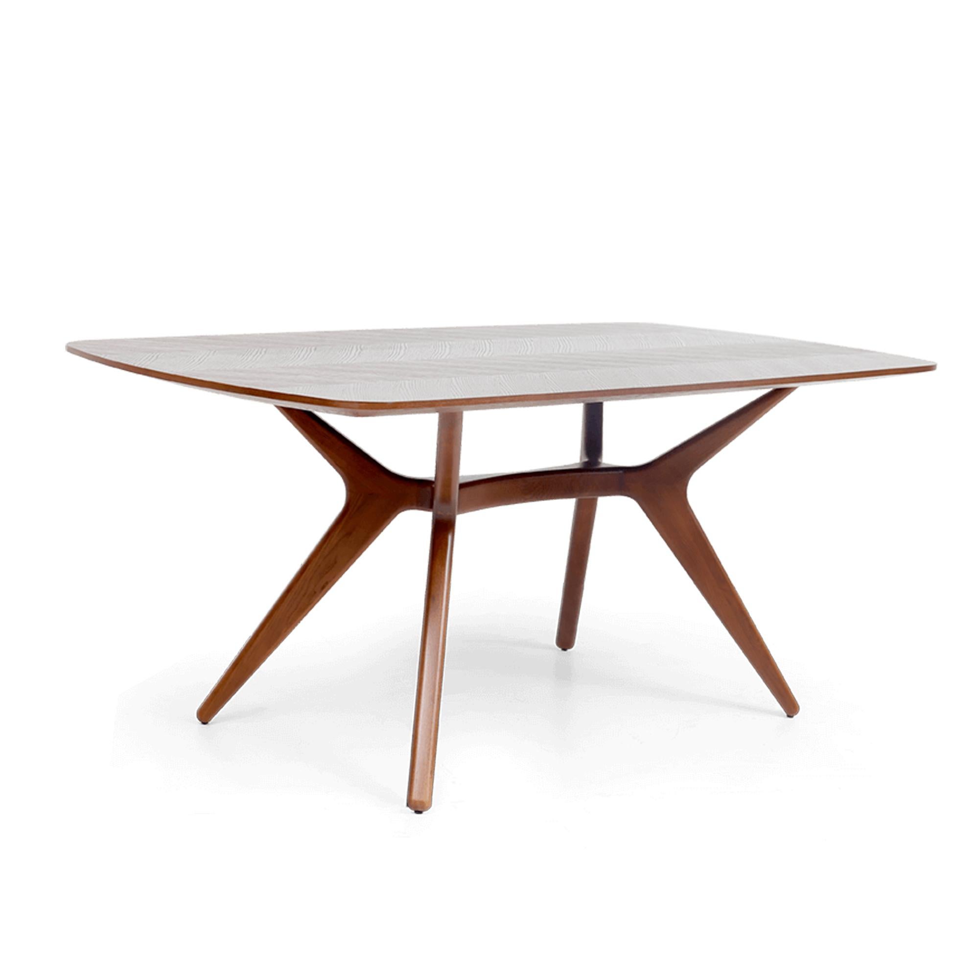 Contemporary Mid-Century Modern Style Wooden brown Dining Table with flared legs in Walnut For Sale