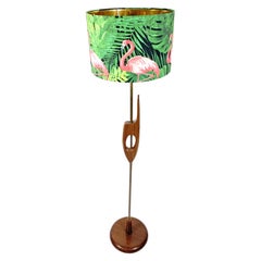 Retro Mid-Century Modern Wooden Floor Lamp with Flamingo Shade, 1970s