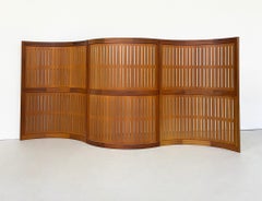 Paravento pieghevole in legno di metà secolo, diviso in 3 parti, Italia, anni '60