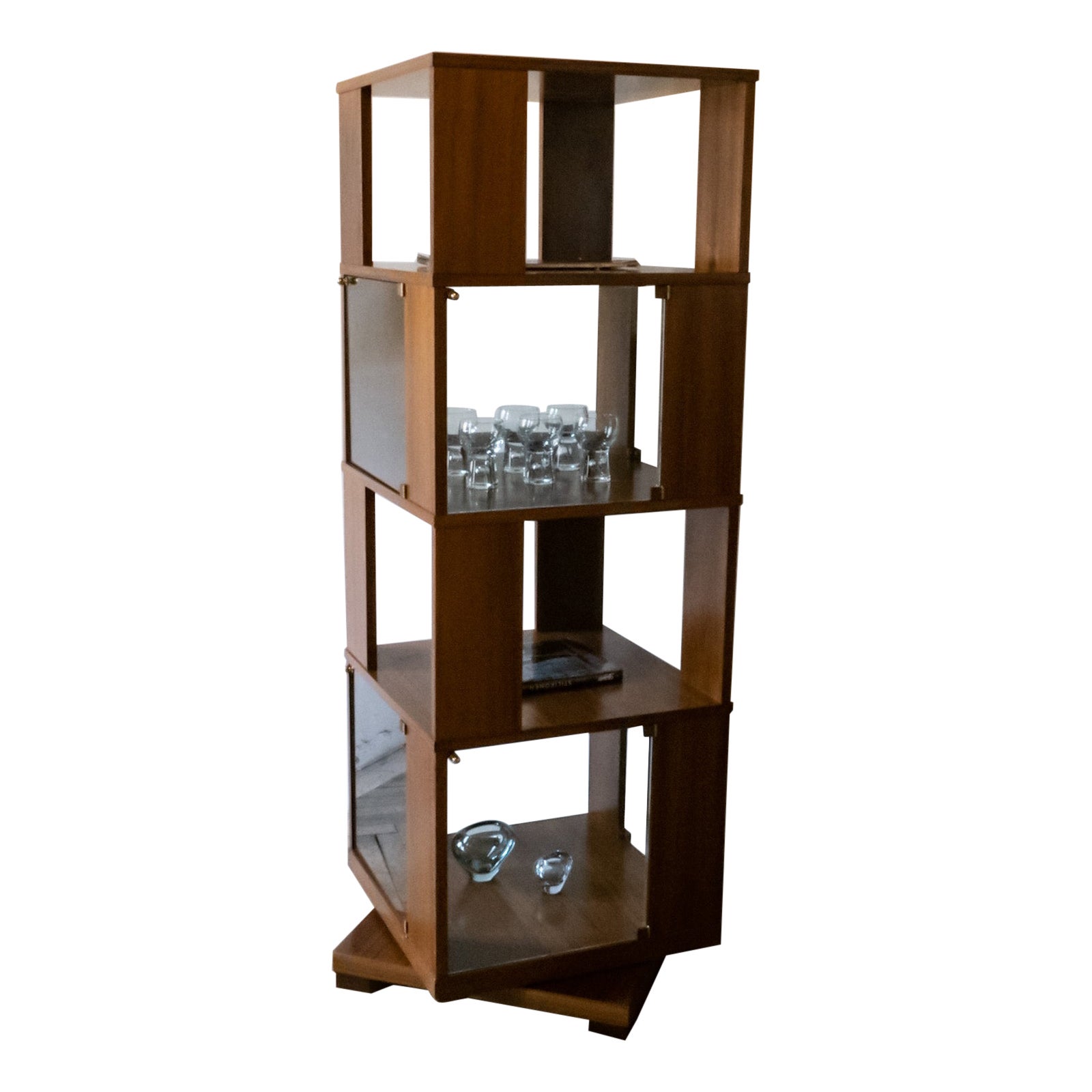 Mid-Century Modern Wooden Glass Rotating Bookcase Vitrine, Italy, 1960s