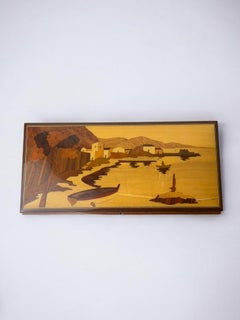 Boîte à bijoux moderne du milieu du siècle en bois, avec marqueterie sur le thème du littoral, Italie