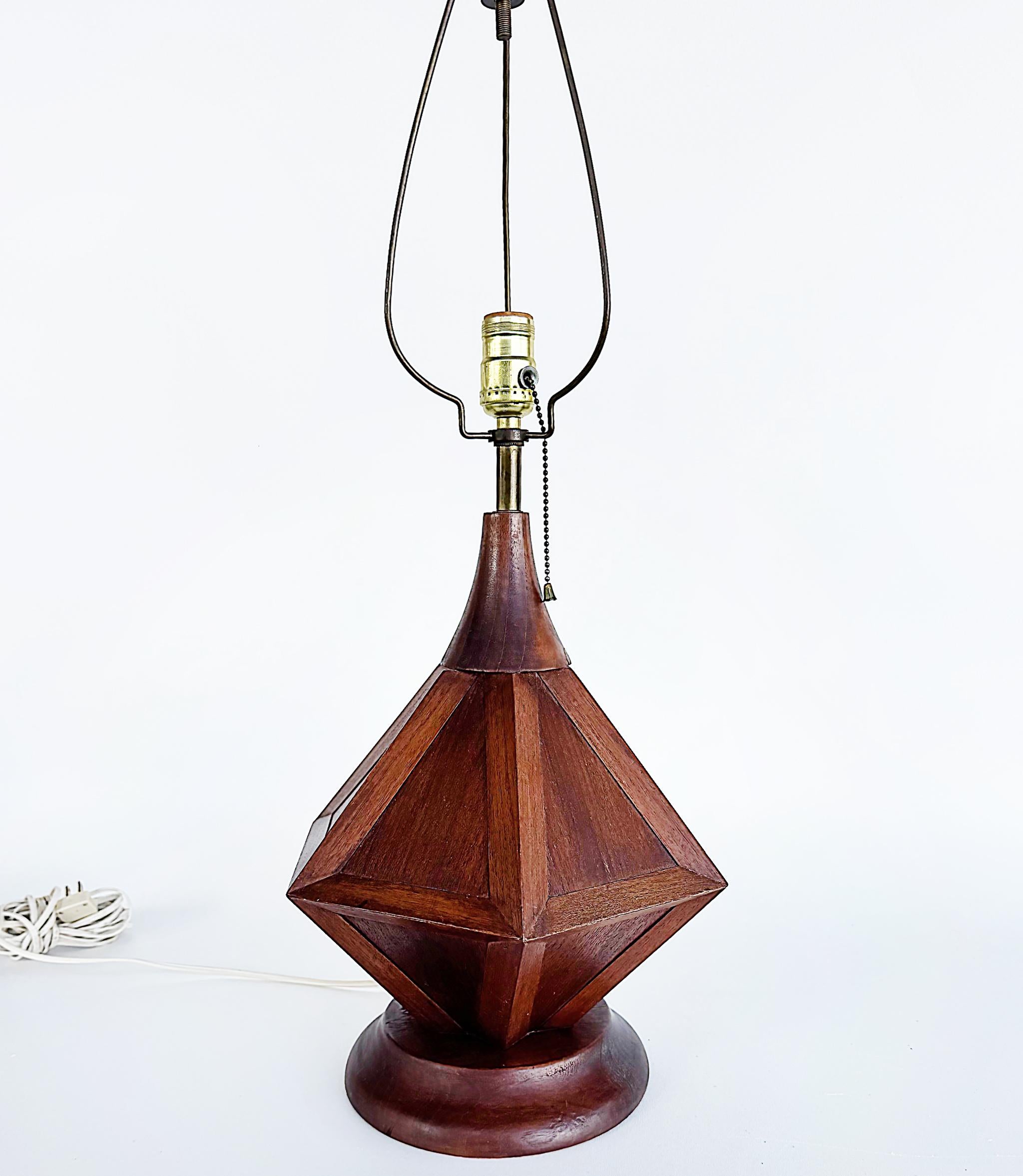 Pareja de lámparas de sobremesa modernistas de madera de mediados de siglo

Se ofrece a la venta un par de lámparas de sobremesa modernistas de madera de mediados de siglo, probablemente de la década de 1950-1960. Son multifacéticos hechos a mano;