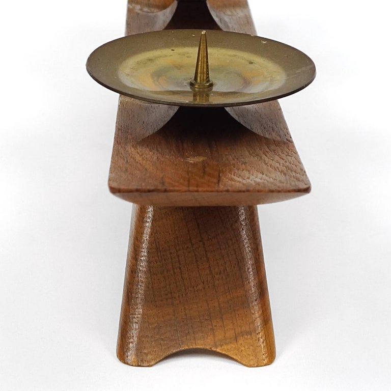 MidCentury Modern Wooden Scandinavian Candlestick with Brass Holders
