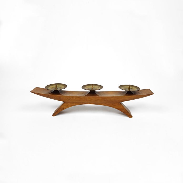 MidCentury Modern Wooden Scandinavian Candlestick with Brass Holders
