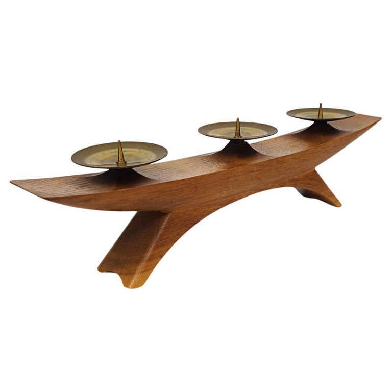 MidCentury Modern Wooden Scandinavian Candlestick with Brass Holders