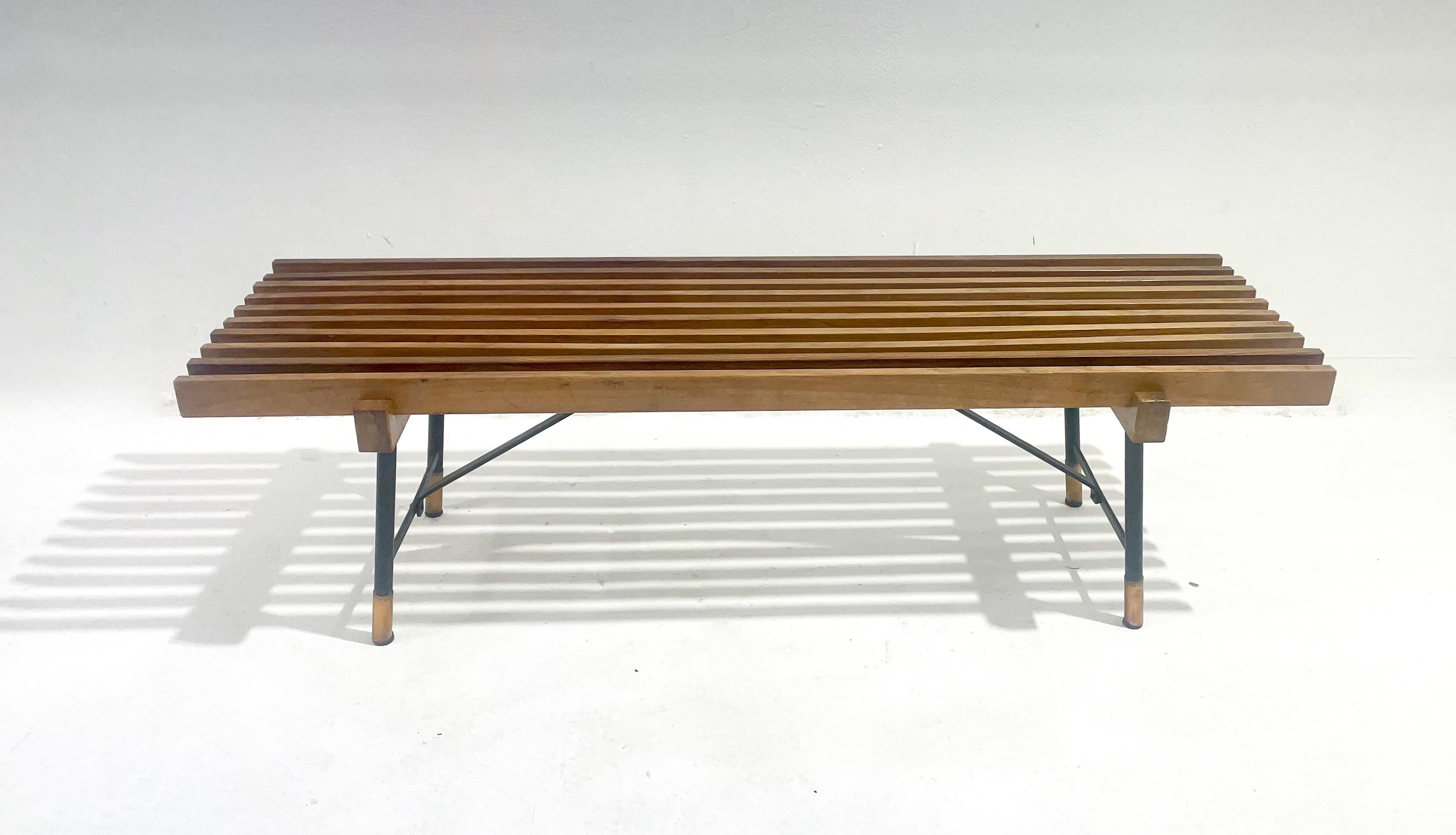 Mid-Century Modern Wooden Slatted Bench, Italy, 1960s 1