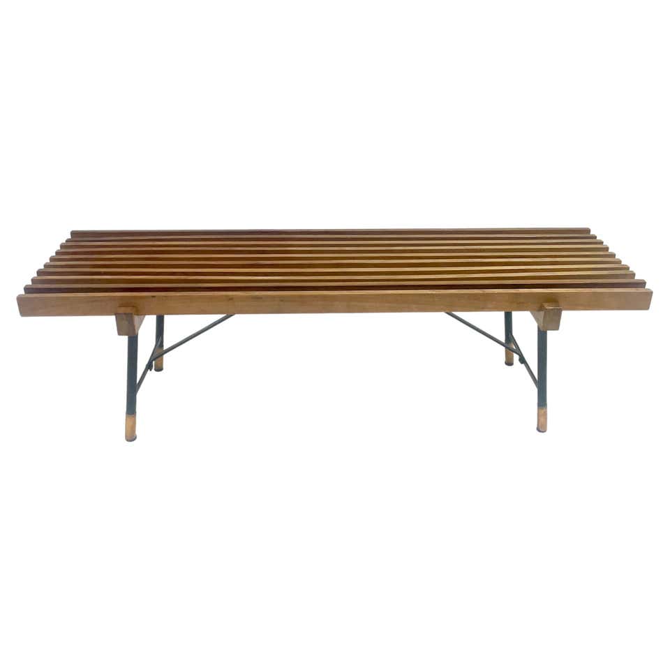 mid century low wooden slat bench at 1stDibs