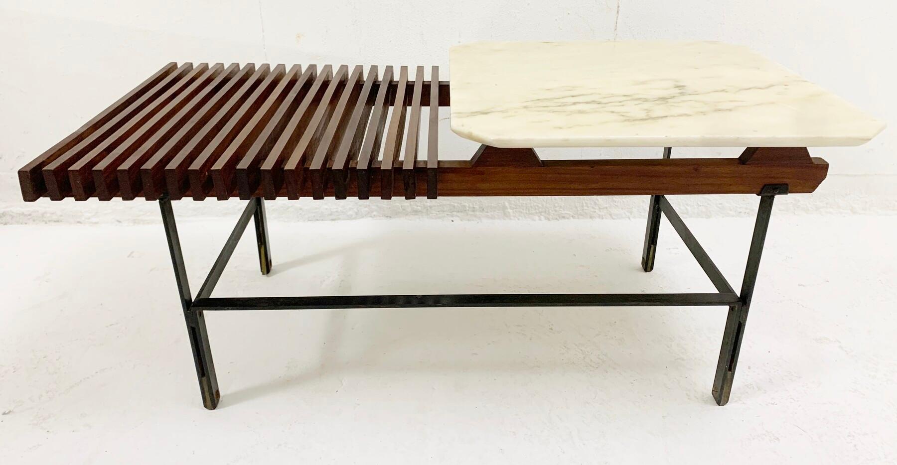 Italian Mid-Century Modern Wooden Slatted Bench / Marble Side Table, Italy, 1960s
