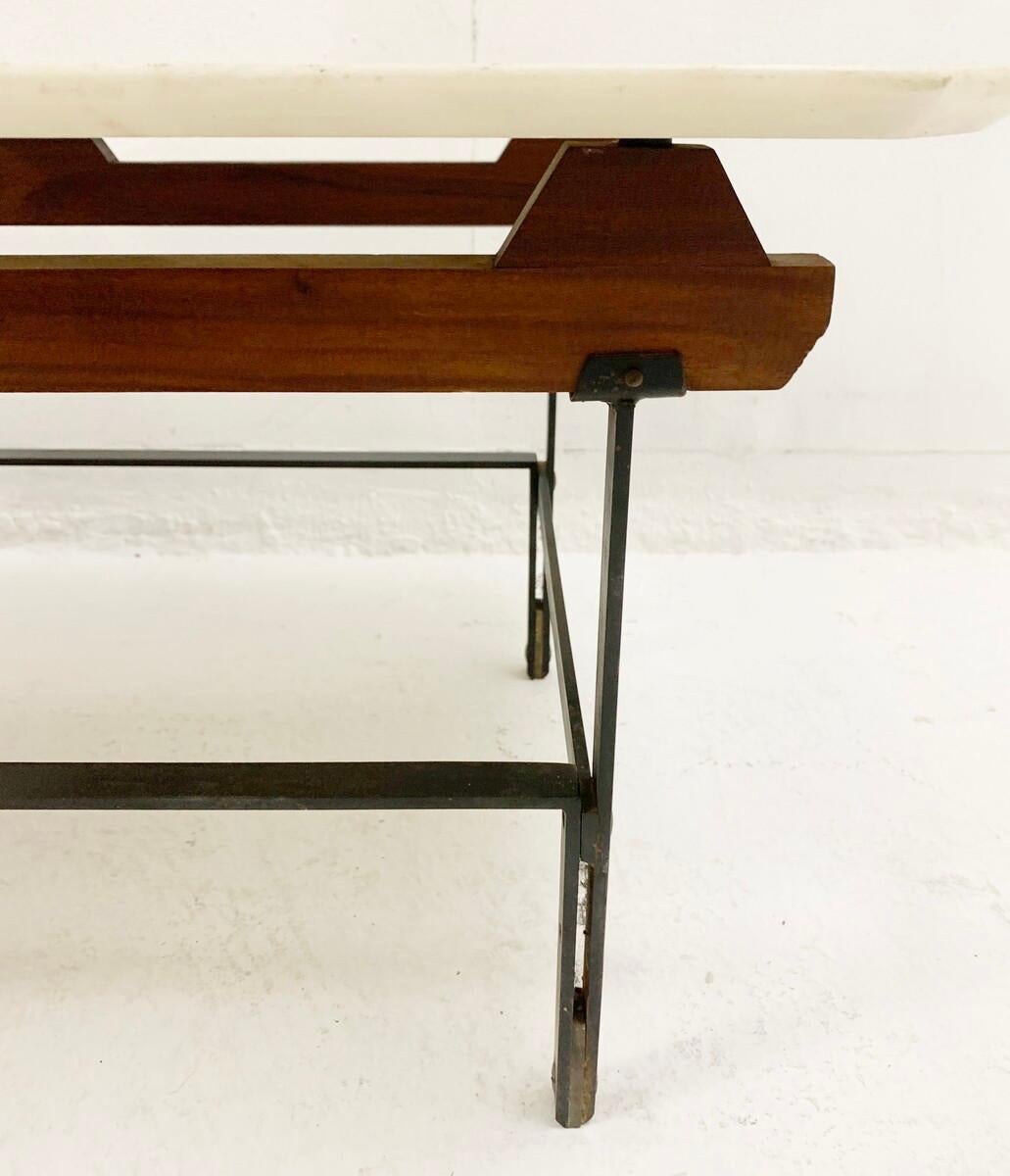 Mid-Century Modern Wooden Slatted Bench / Marble Side Table, Italy, 1960s 1