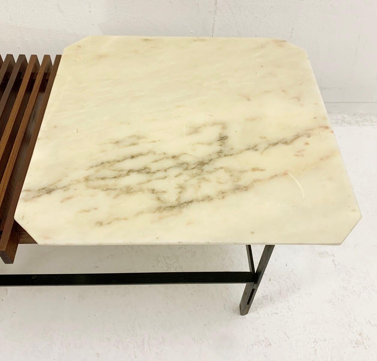 Mid-Century Modern Wooden Slatted Bench / Marble Side Table, Italy, 1960s 2